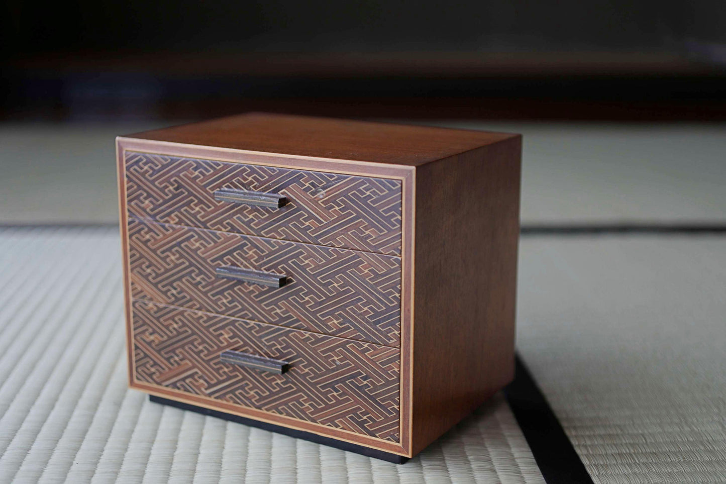 Japanese furniture Small Chest of drawers "tansu" Yosegi marquetry wood mosaic work design hand craft H7.1×W8.3×6.2in/H18×21.2×15.7cm