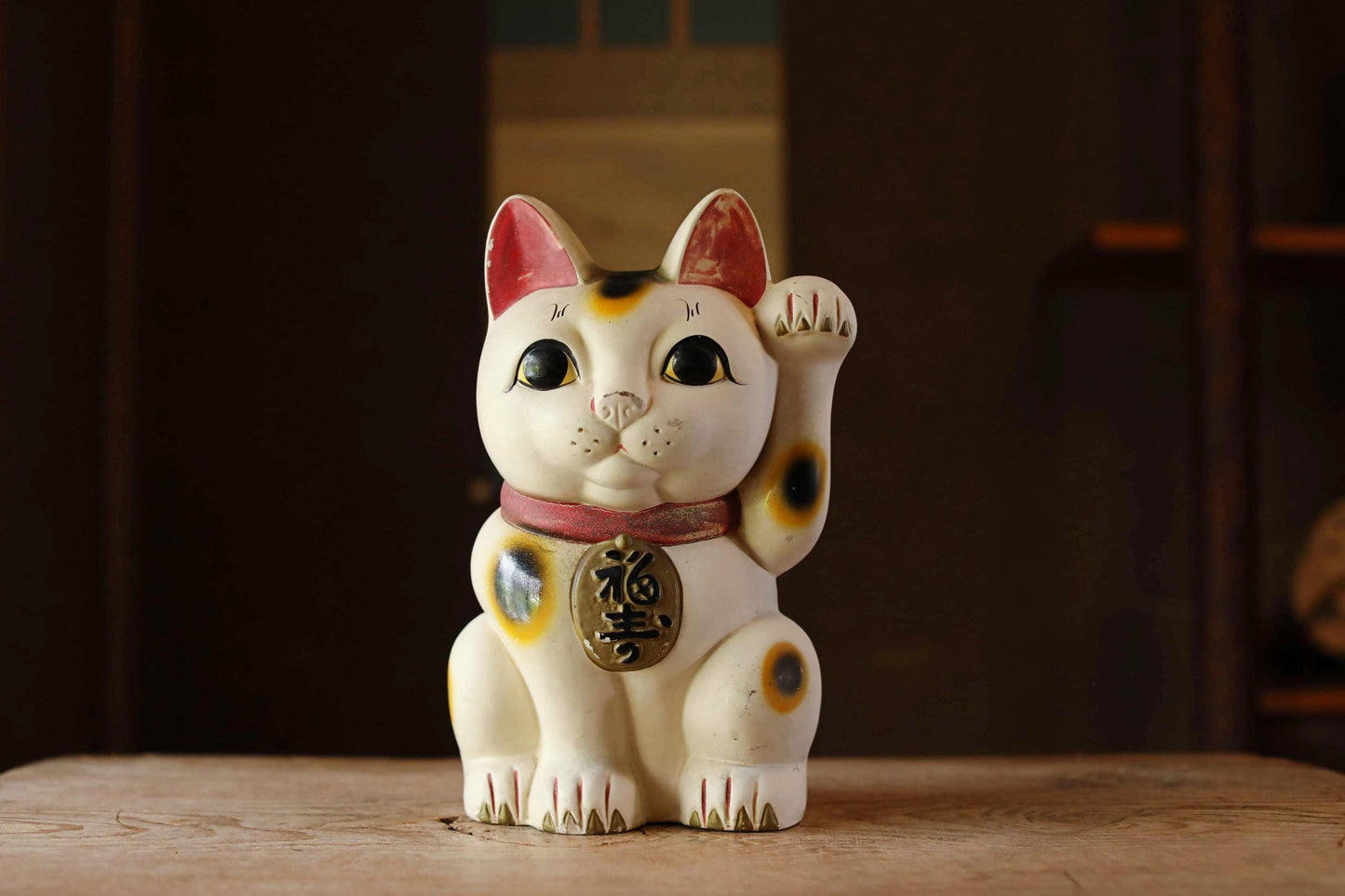 LARGE! Japanese vintage large Cat doll MANEKINAKO white cat old ceramic money box, Welcome cat, Fortune cat, Lucky cat 1960s H13.6in/H34.5cm
