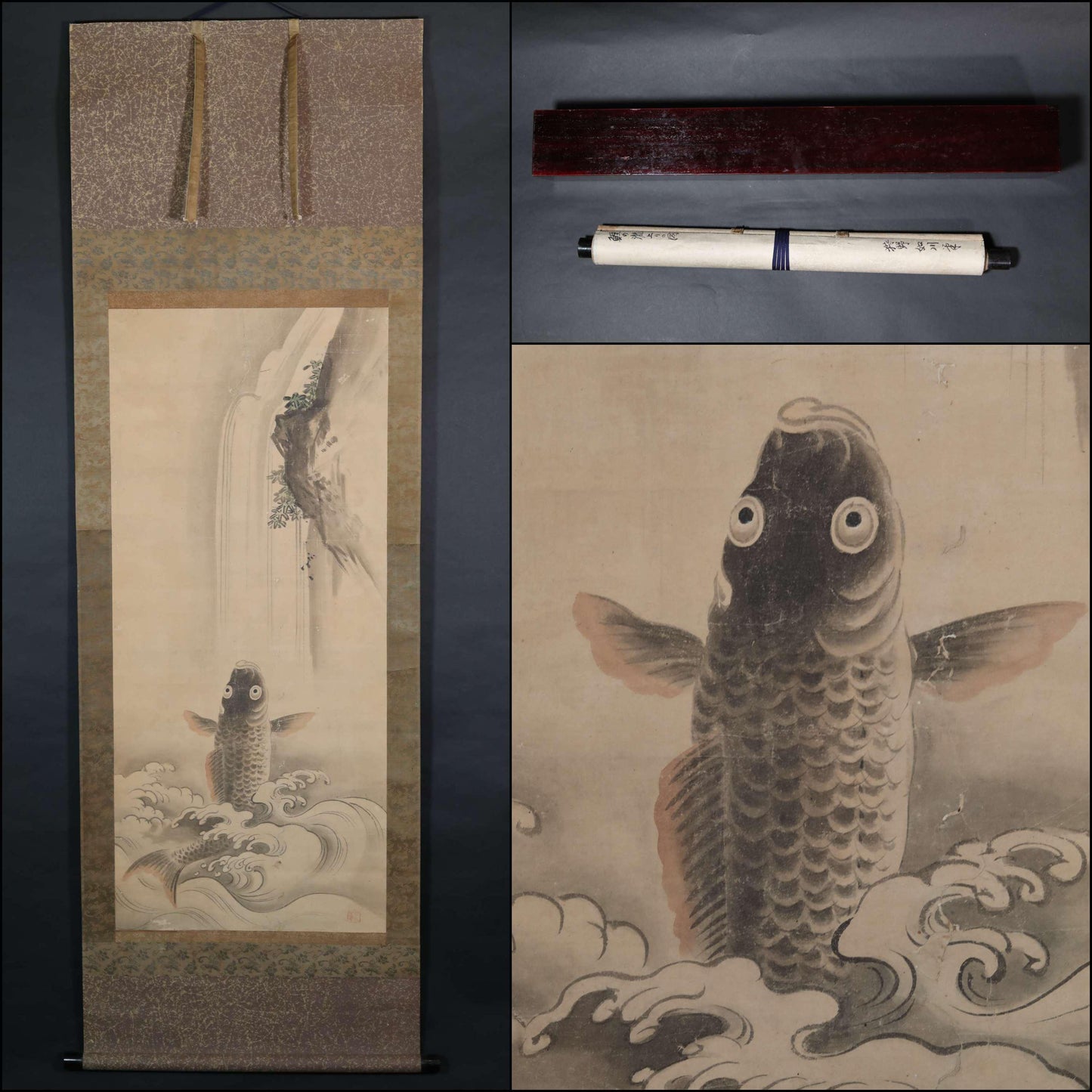 FINE! Japanese antique 1800s KANOU watercolor painting scroll fine painted carp freshwater on the river, KAKEJIKU with seal H68.5in/H174cm