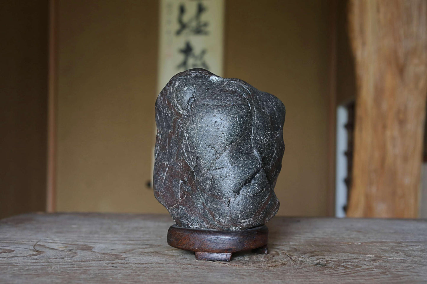 Japanese old "SUISEKI" scholars stone AMINISM, indoor viewing stone with a hand carved pedestal Power stone H7.9xW5.5xD3.5in/20x14x9cm