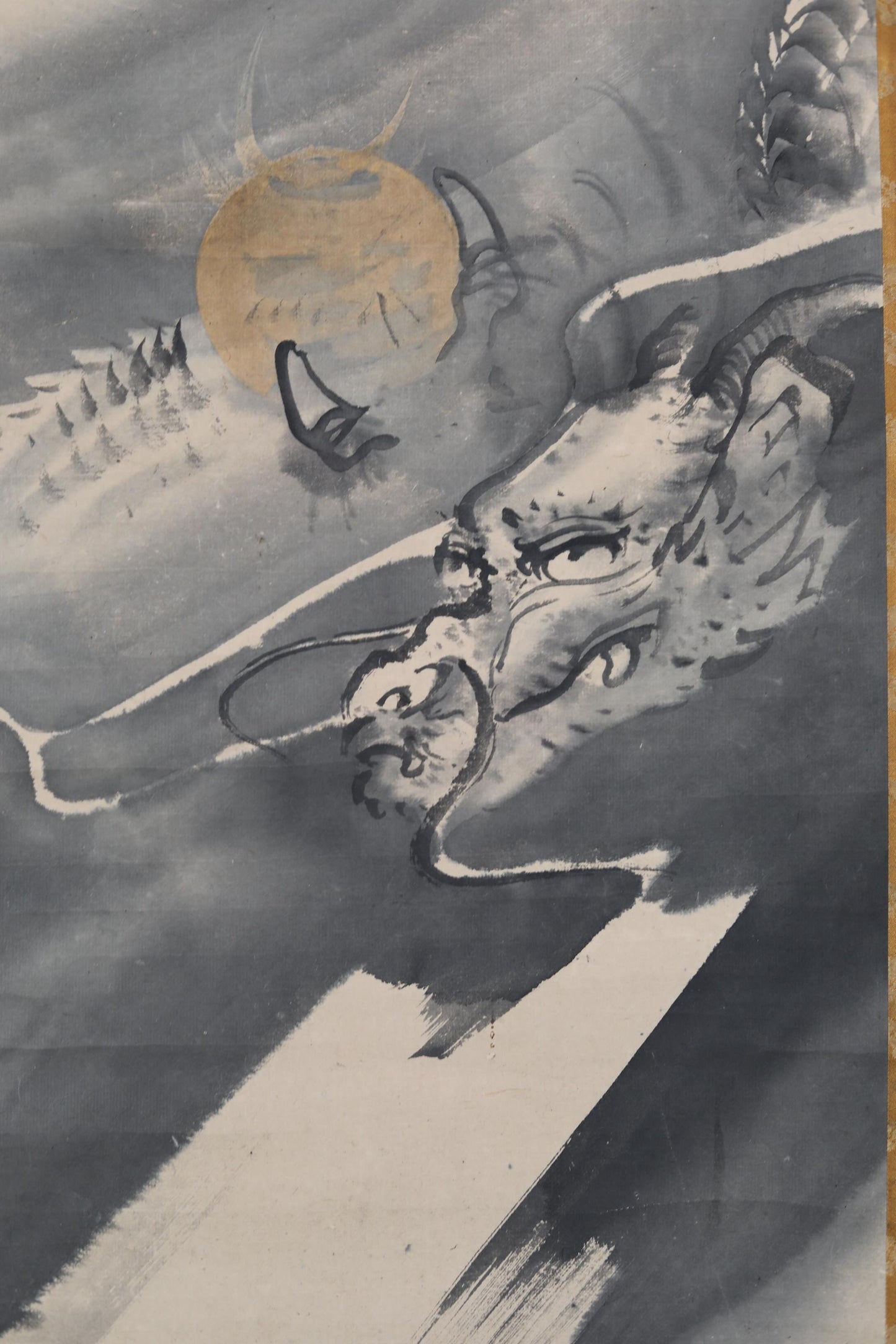 Japanese antique DRAGON ink brush painting hanging scroll by "呉春 Gosyun" ,KAKEJIKU with BOX 1700s Edo, signed H72in/183cm