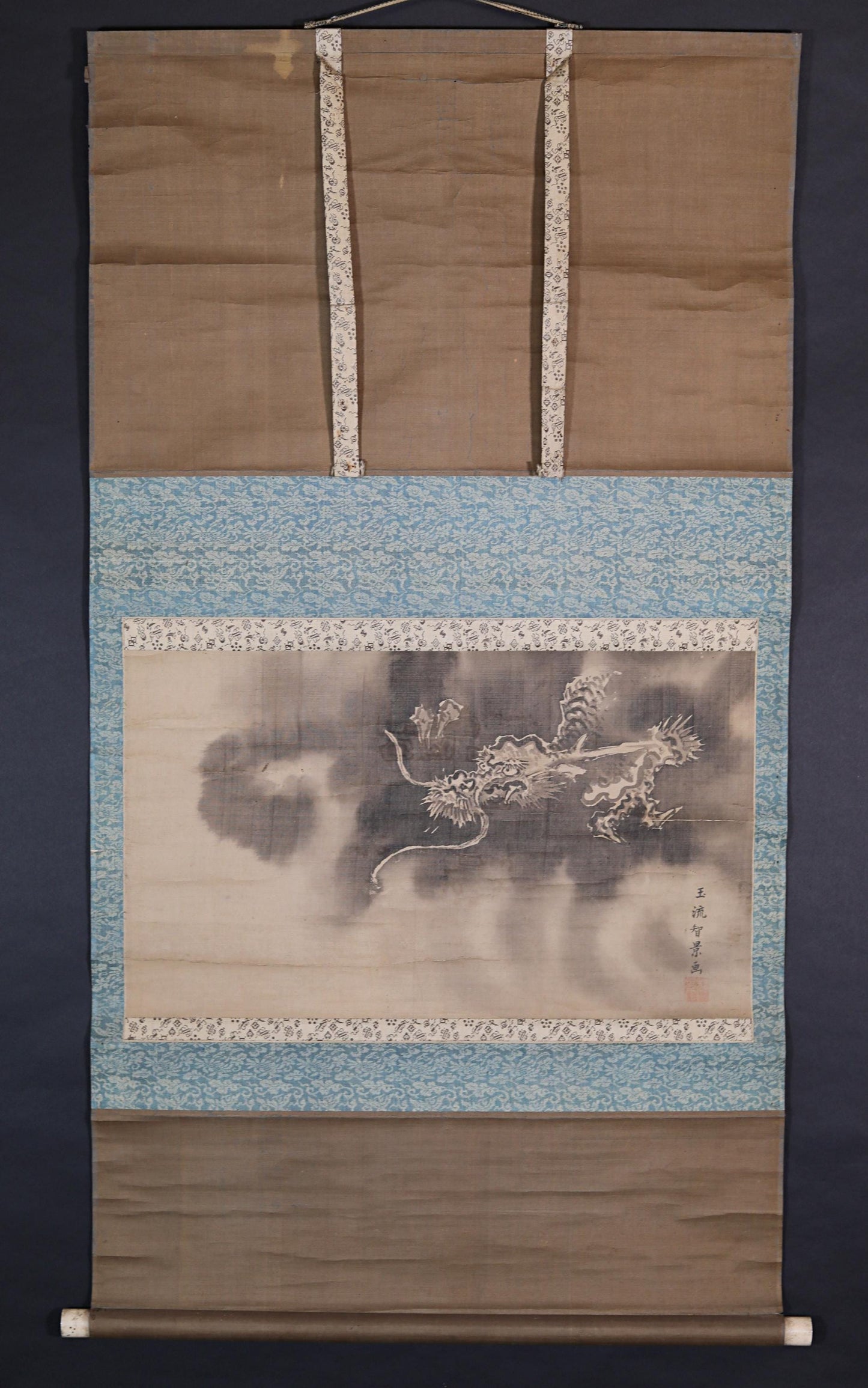 FINE! RARE! Japanese antique rising Dragon ink brush painting hanging scroll by Gosyun /dragon KAKEJIKU with Box 1700s Edo H71.7in/182cm