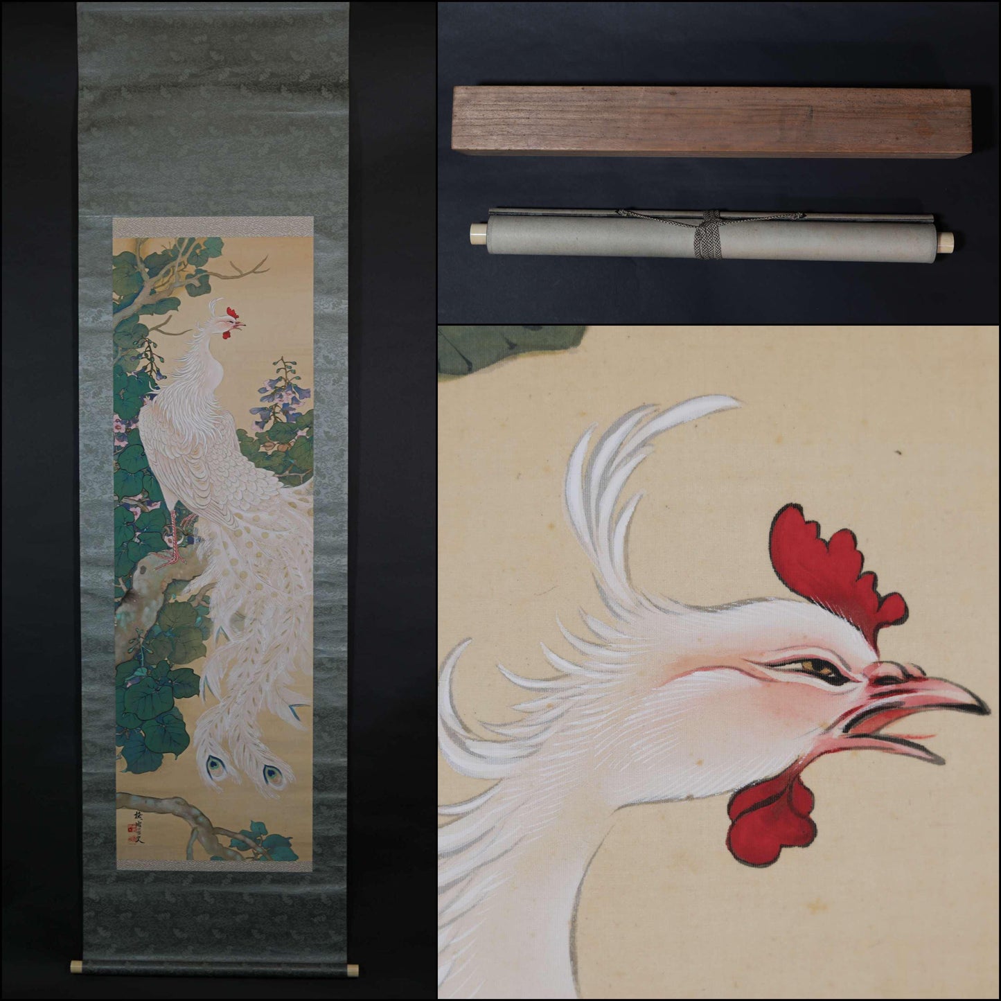 FINE! Japanese hanging scroll water color painting of beautiful phoenix on Paulownia flower with signature 池田 in 1920s Kakejiku H79in/201cm