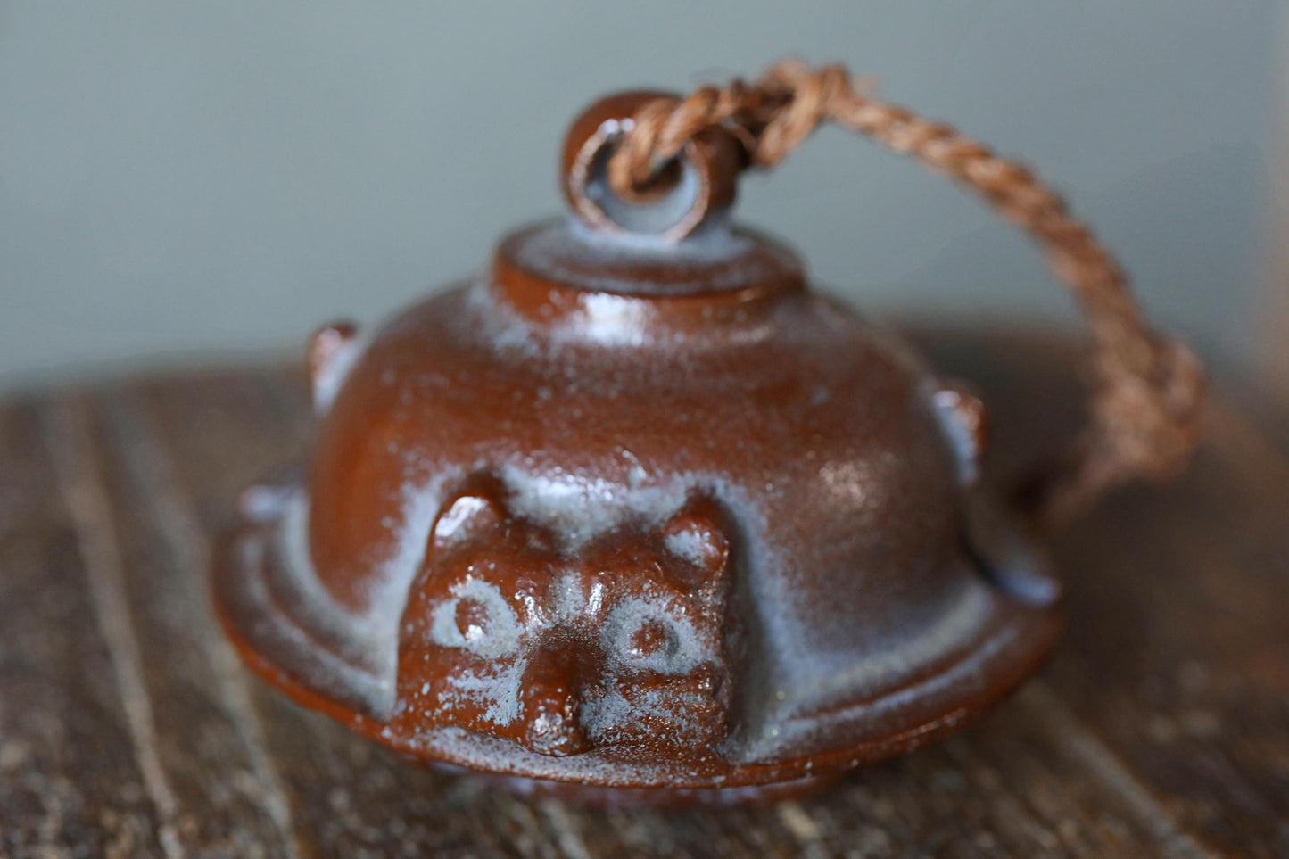 Japanese vintage metal bell Teapot fused with a racoon dog doll ornament Paper weight, Japanese ornament small bell H2.4×3.2in/H6×8.2cm