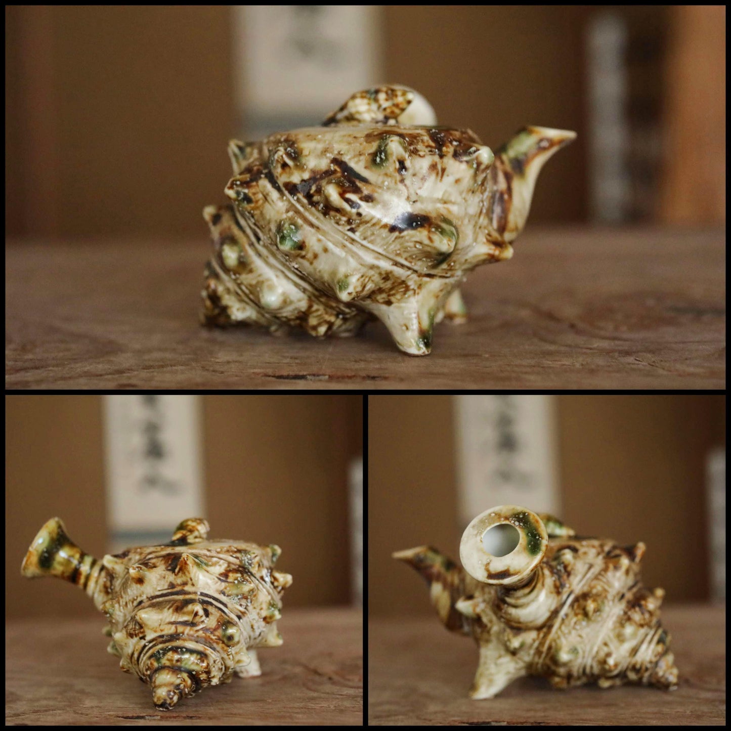Japanese vintage ceramic tea pot shell design turban shaped ,tea pot for SENCHA tea ceremony, H3.5xW5.3in/9x13.5cm