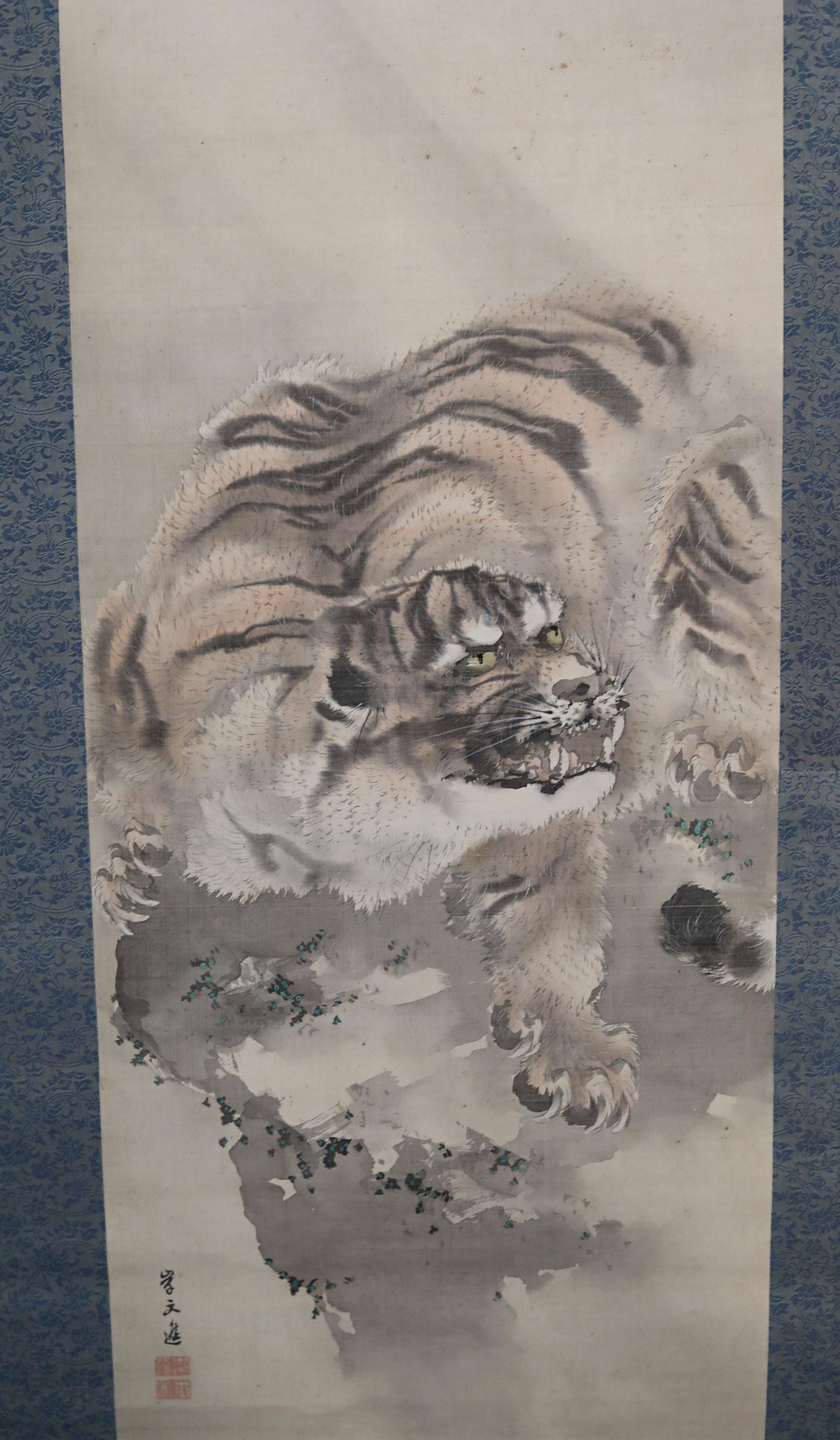 FINE! RARE! Japanese antique rising Dragon ink brush painting hanging scroll dragon and tiger by 岸連山 KAKEJIKU in Box 1830s Edo H74.8in/190cm