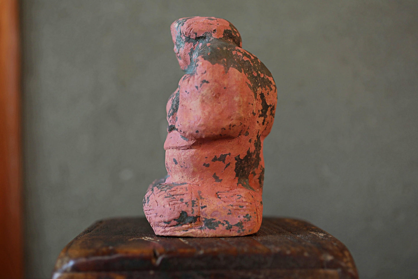 Japanese Antique god ornament Very old pottery pink god figurine name DAIKOKU doll from shinto shrine 1800s Edo period H5.9in/H15cm