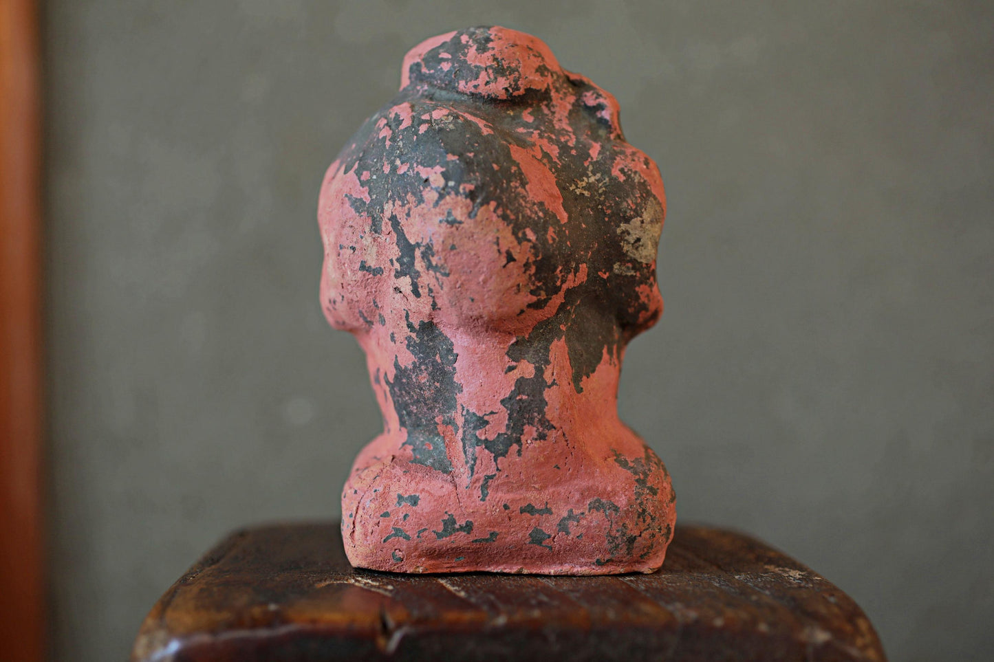 Japanese Antique god ornament Very old pottery pink god figurine name DAIKOKU doll from shinto shrine 1800s Edo period H5.9in/H15cm