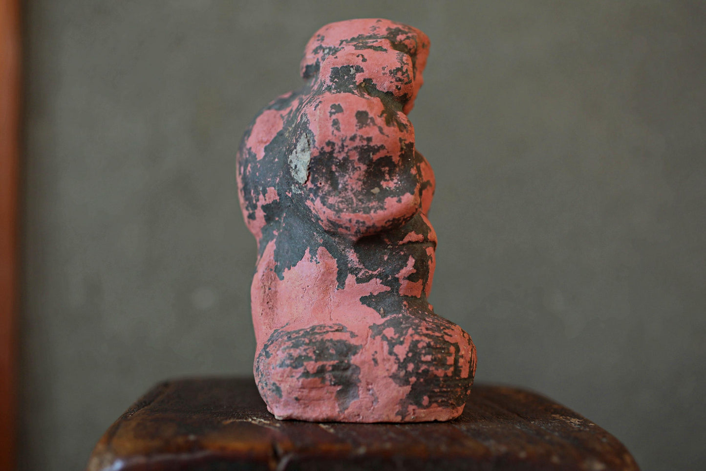 Japanese Antique god ornament Very old pottery pink god figurine name DAIKOKU doll from shinto shrine 1800s Edo period H5.9in/H15cm
