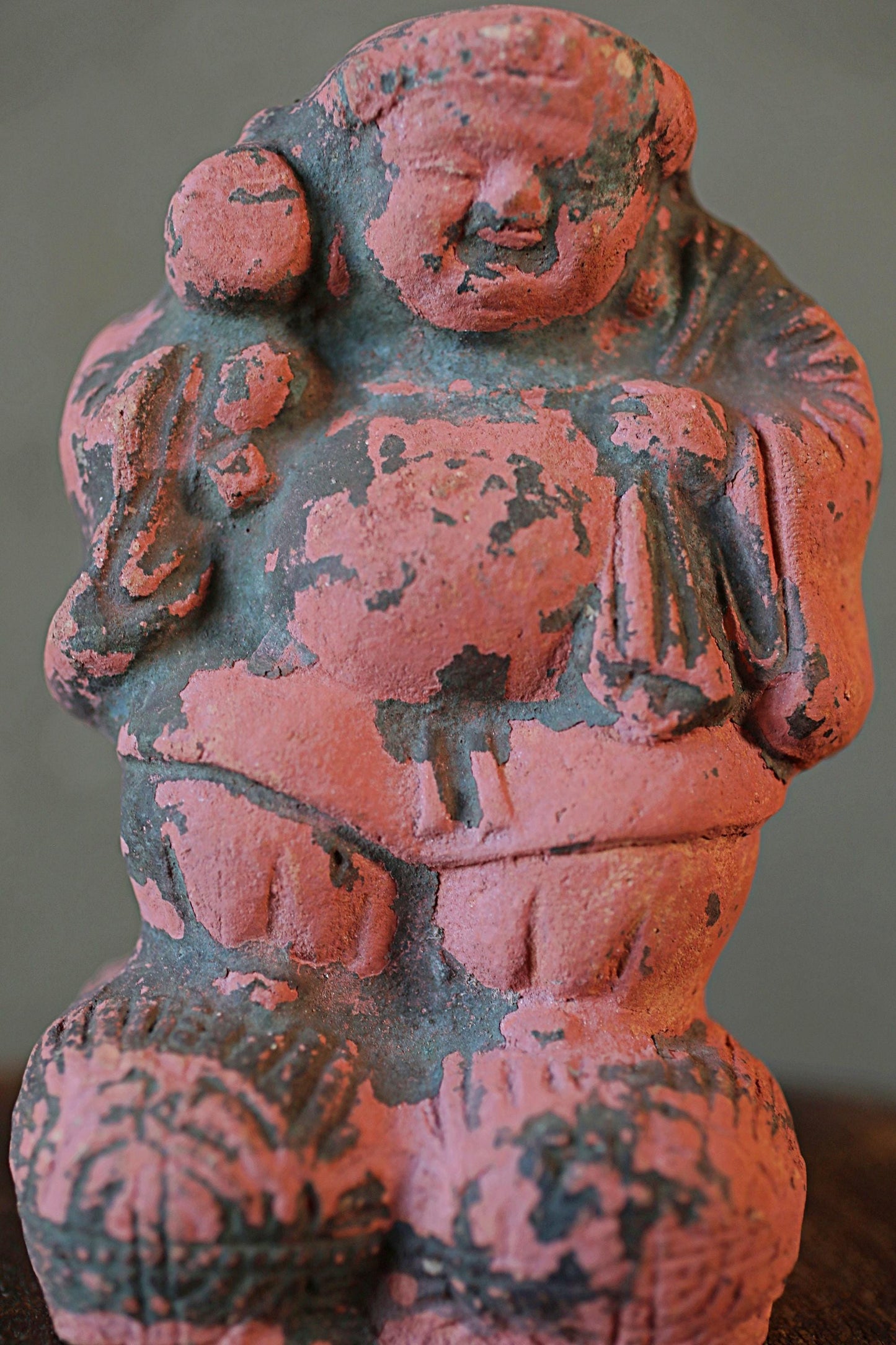 Japanese Antique god ornament Very old pottery pink god figurine name DAIKOKU doll from shinto shrine 1800s Edo period H5.9in/H15cm
