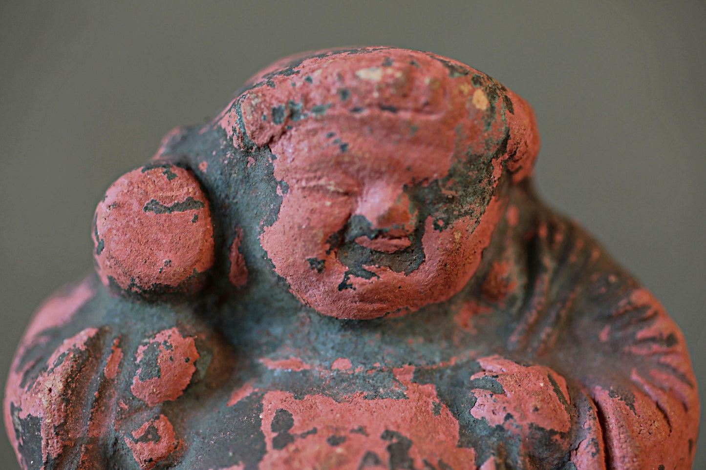 Japanese Antique god ornament Very old pottery pink god figurine name DAIKOKU doll from shinto shrine 1800s Edo period H5.9in/H15cm