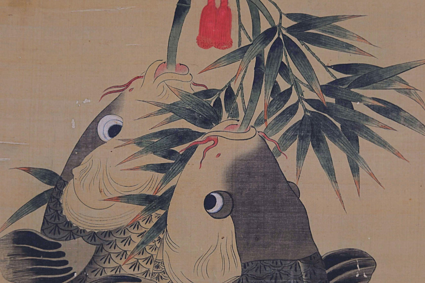 FINE! Japanese antique 1800s watercolor painting scroll fine painted fish carps, KAKEJIKU with signed seal H64.2in/H163cm