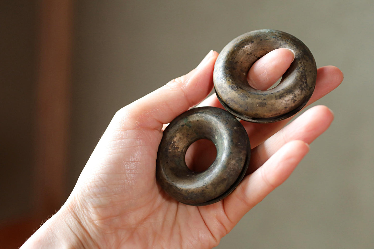 Pair of Japanese antique bronze Old small bells for horses ornament Suzu 1800s Metal craft Paper weight 2×0.7in/5×1.8cm
