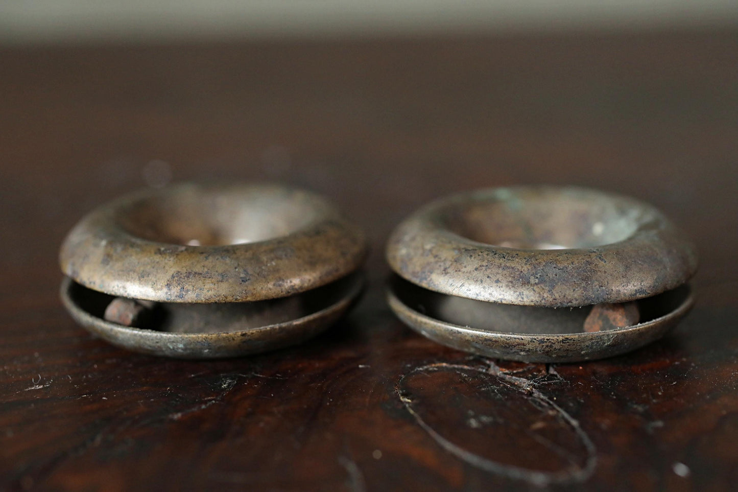 Pair of Japanese antique bronze Old small bells for horses ornament Suzu 1800s Metal craft Paper weight 2×0.7in/5×1.8cm