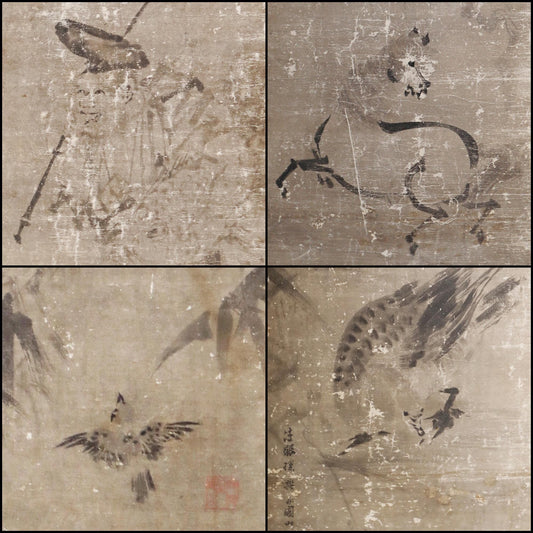 Large! Japanese antique furniture Byobu wind screen of gold water ink painting of Horses, people, birds 1800s Edo H67.9×99.8in/H172.5x253cm