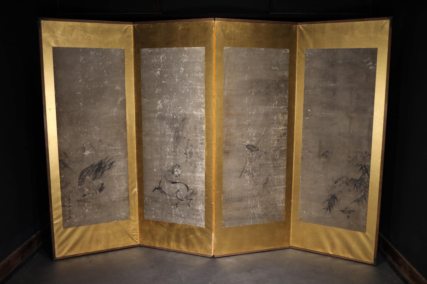 Large! Japanese antique furniture Byobu wind screen of gold water ink painting of Horses, people, birds 1800s Edo H67.9×99.8in/H172.5x253cm