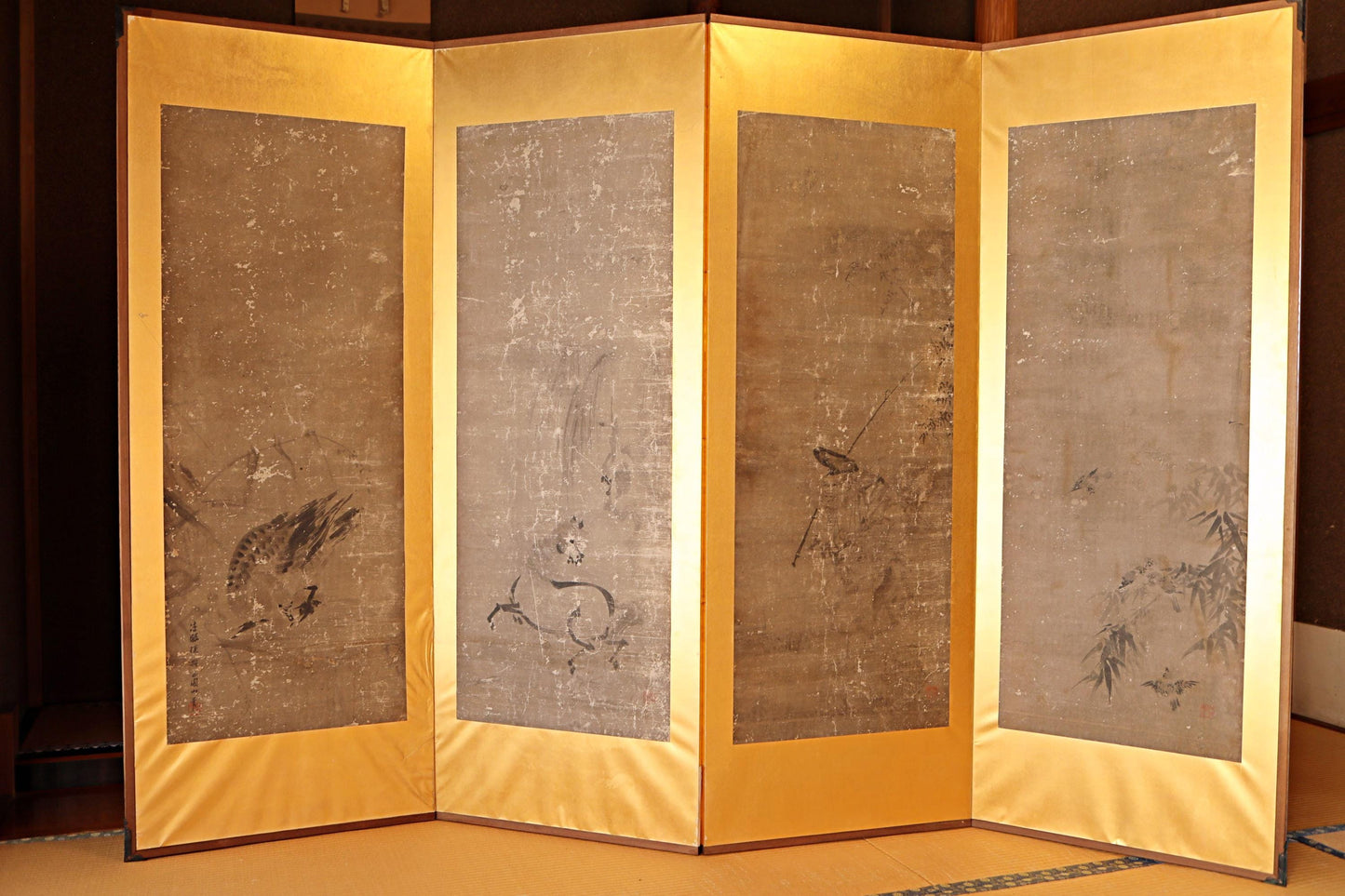 Large! Japanese antique furniture Byobu wind screen of gold water ink painting of Horses, people, birds 1800s Edo H67.9×99.8in/H172.5x253cm
