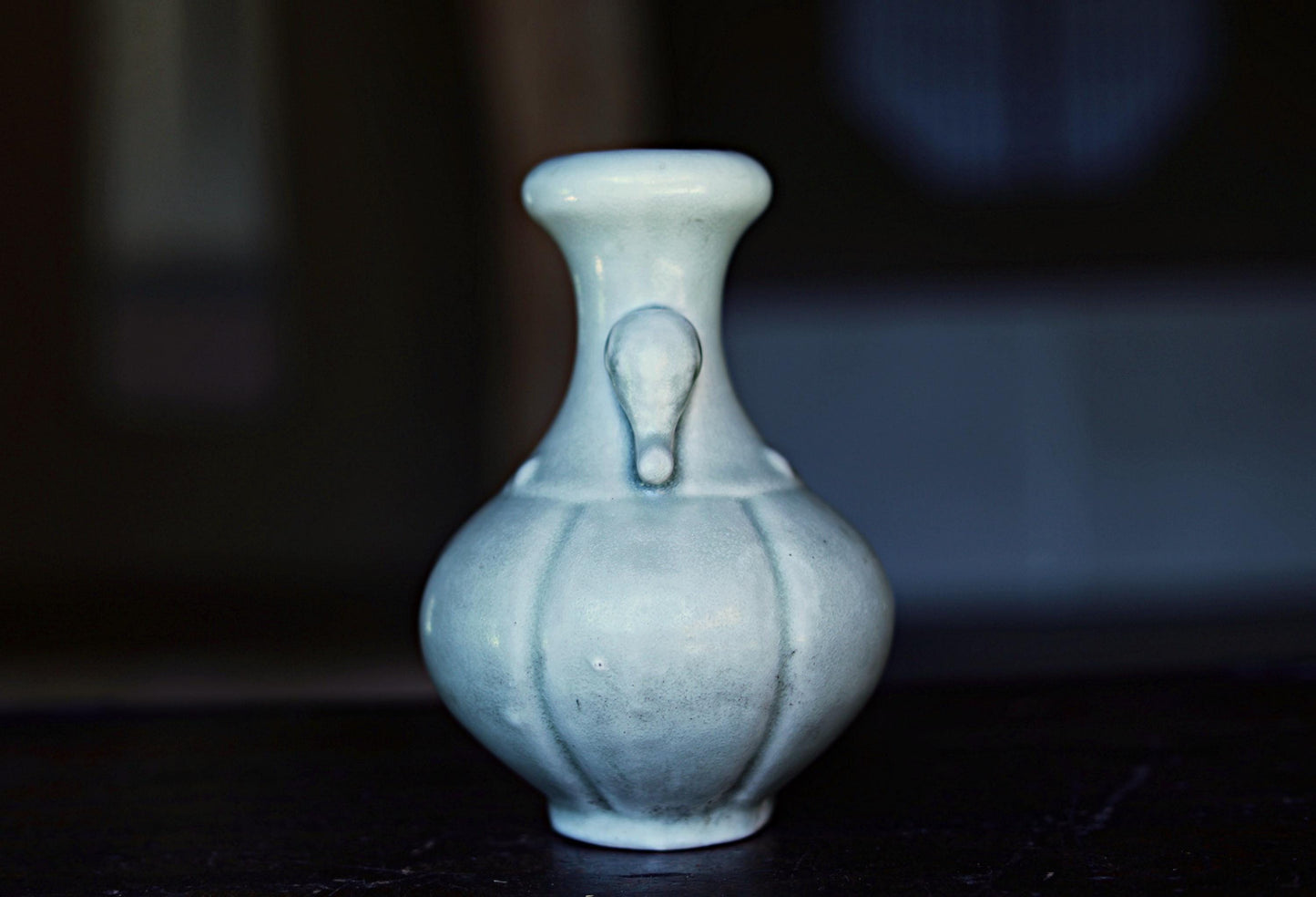 Japanese vintage Asia celadon porcelain ceramic flower vase with elephant's ears, hand made of pottery H6.5×3.9in/H16.5×10cm
