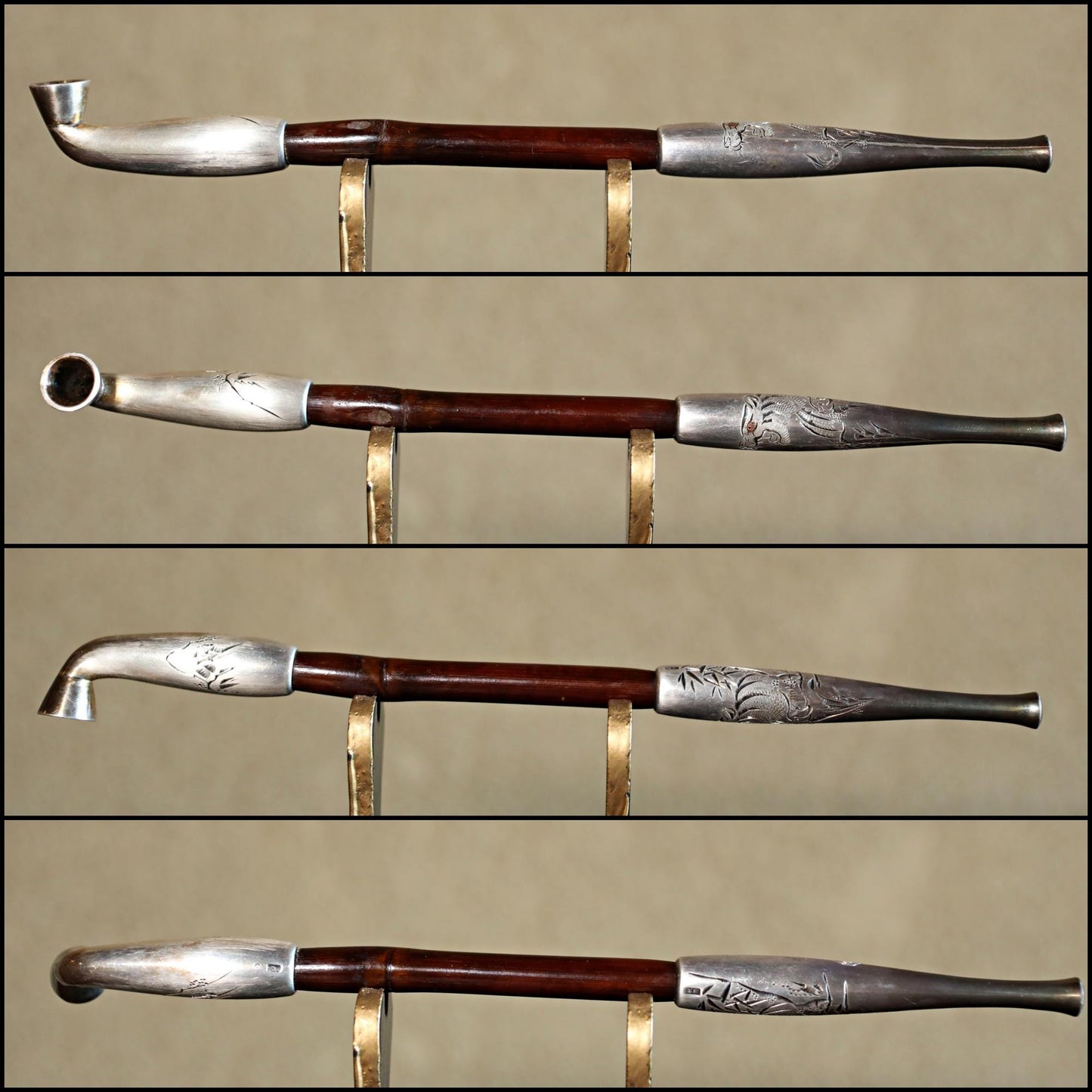 FINE! SILVER! 1910s Japanese antique tobacco smoking pipe Genuine silver kanji with Carved 虎Tiger and Bamboo craft KISERU hand craft