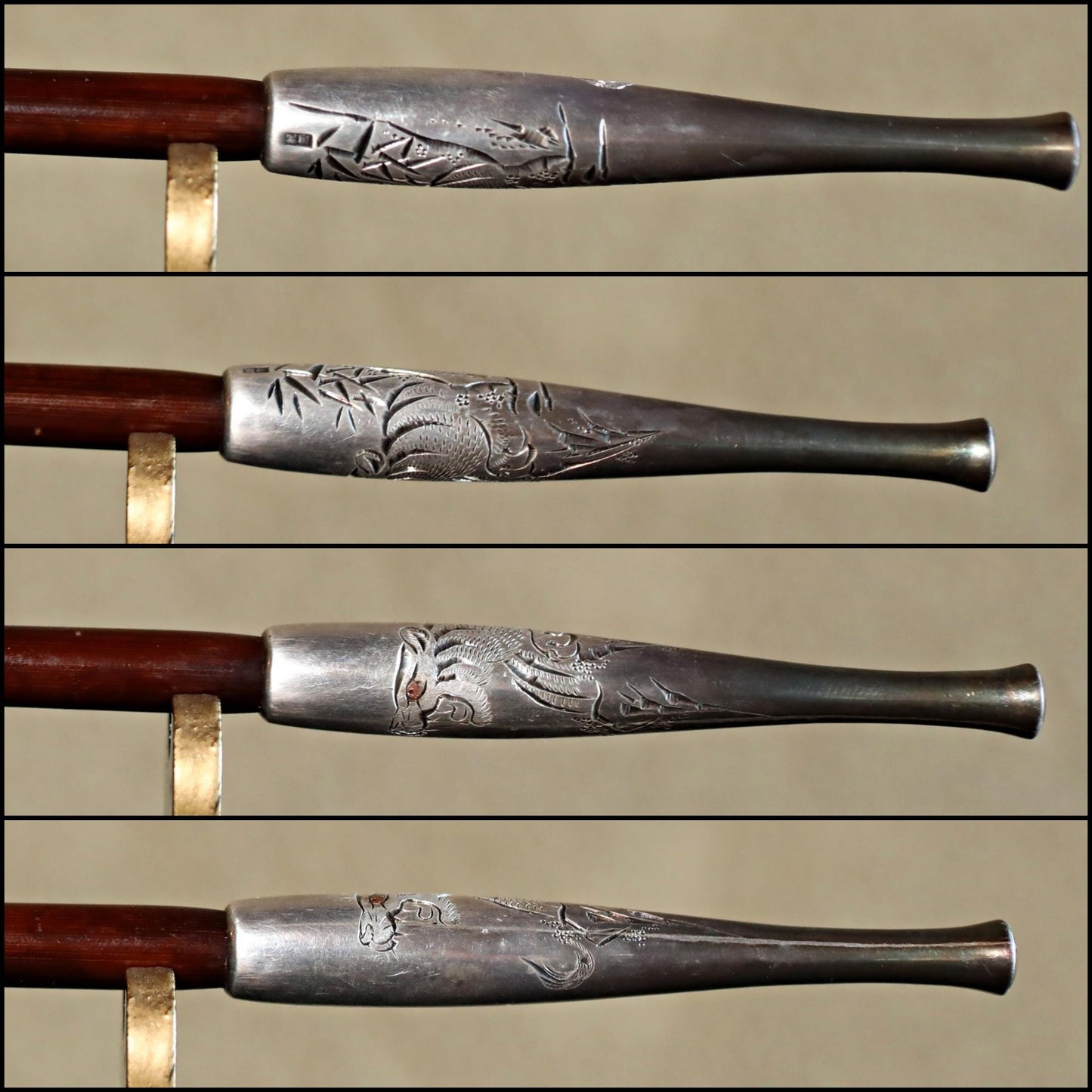 FINE! SILVER! 1910s Japanese antique tobacco smoking pipe Genuine silver kanji with Carved 虎Tiger and Bamboo craft KISERU hand craft