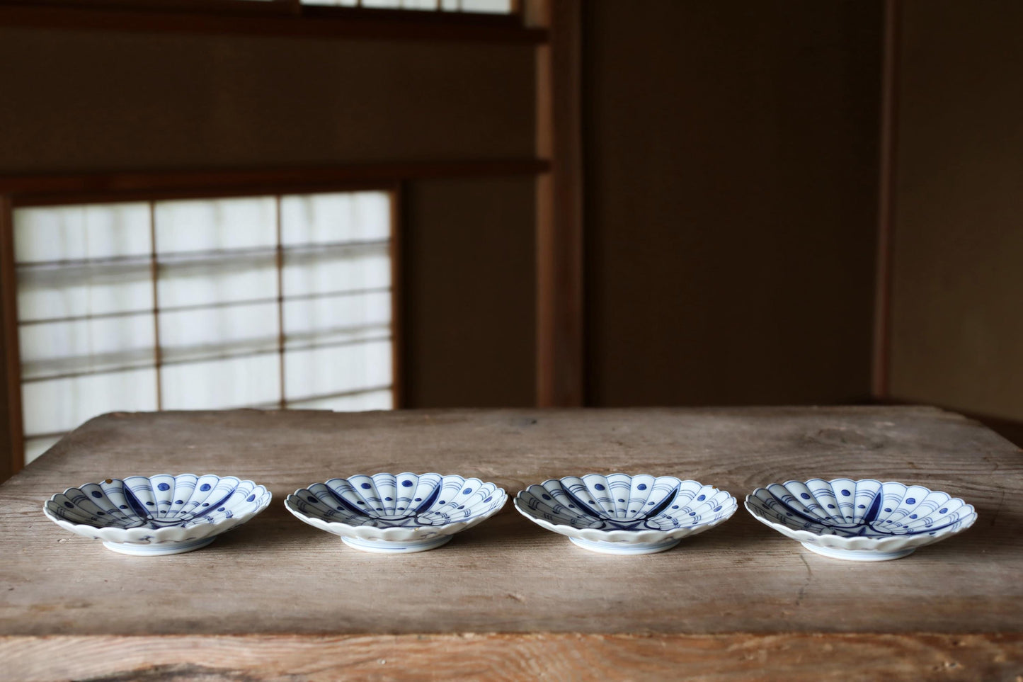 FINE! RARE! beautiful set of 4 plates Japanese antiques porcelain ceramic hand paint dish Indigo Blue White shell pattern KOIMARI 1800s