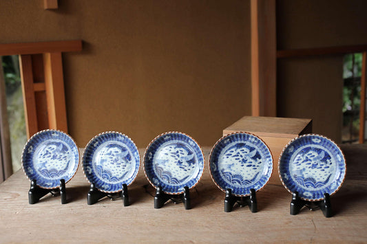 FINE! Set of 5 Japanese antique small Plates Dragons, Clouds, waves, porcelain 1890s Indigo Blue White hand painting IMARI 4.5in/11.5cm