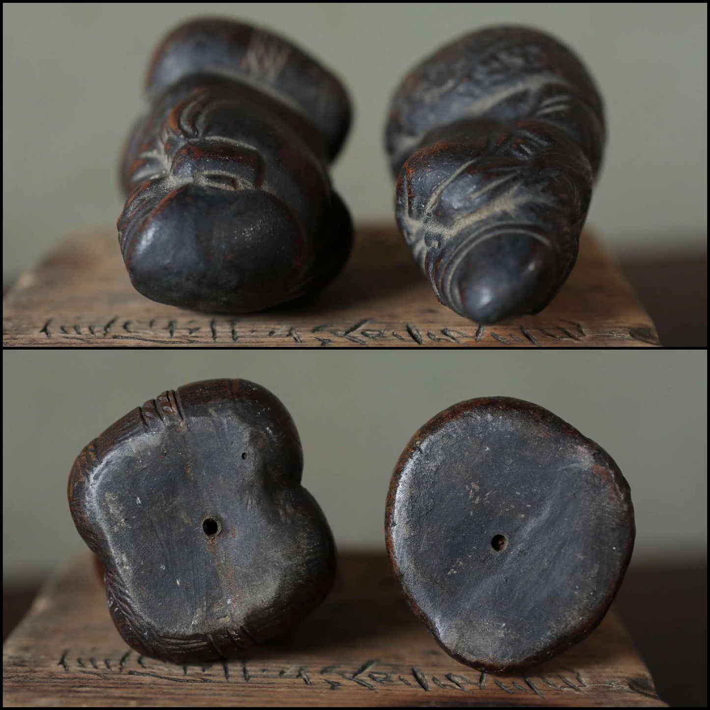 Japanese antique 1910s old BIZEN pottery small dolls pair of gods, Ebisu and Daikoku, good fortune figure, shrine amulet H3in/7.6cm
