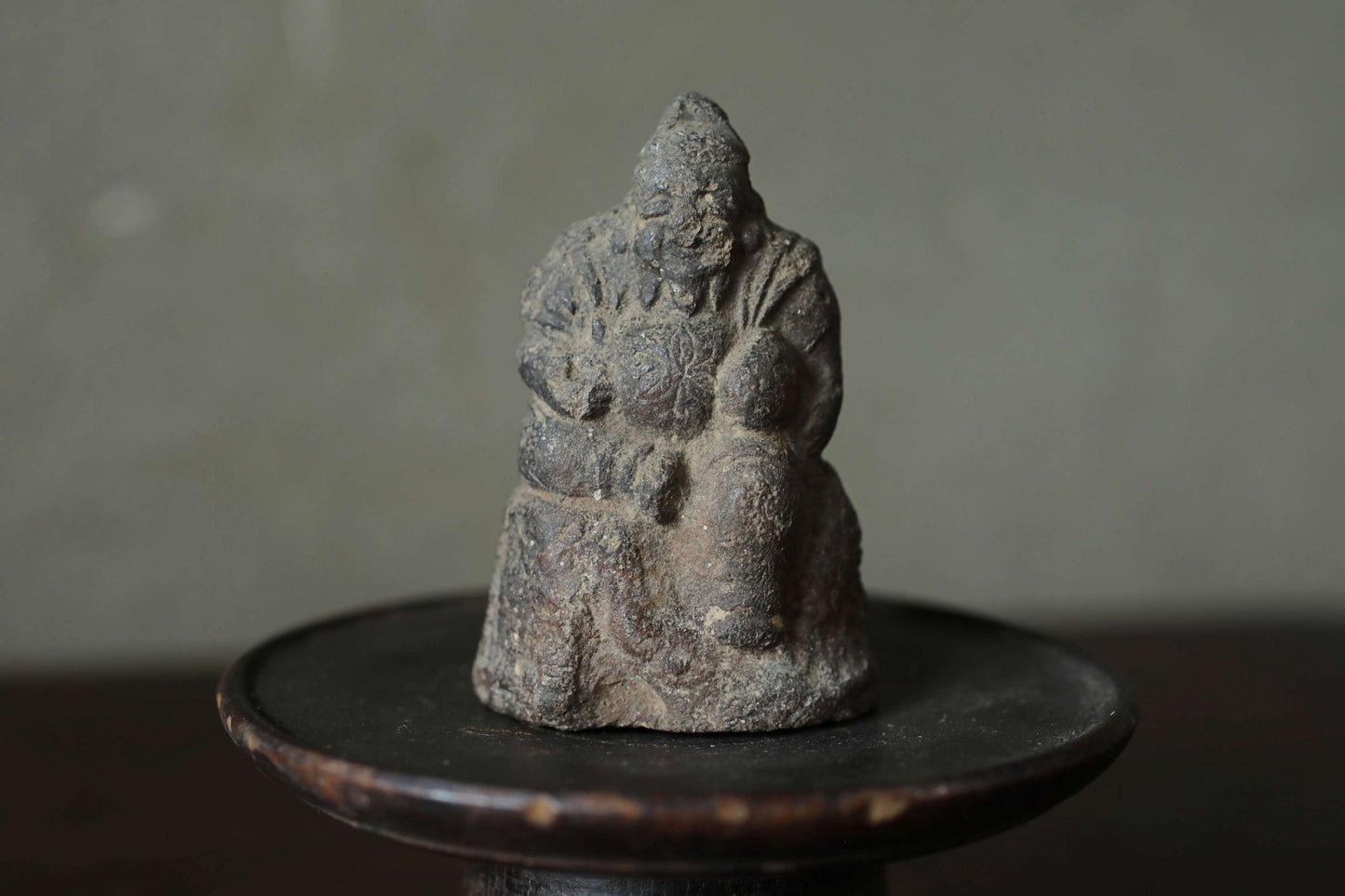 Japanese antique 1800s soot-stained pottery doll, god statue, name Ebisu, the Seven Lucky Gods, Edo handmade craft H3in/7.5cm