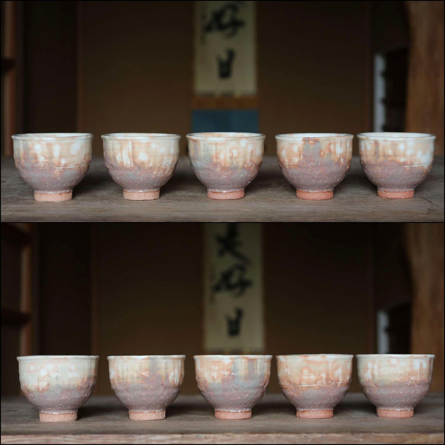 Japanese vintage Set of 5 tea cups HAGI ware ceramic kiln Perfect tea cup for SENCHA with signed wooden box For GIFT "Yunomi" dot pattern