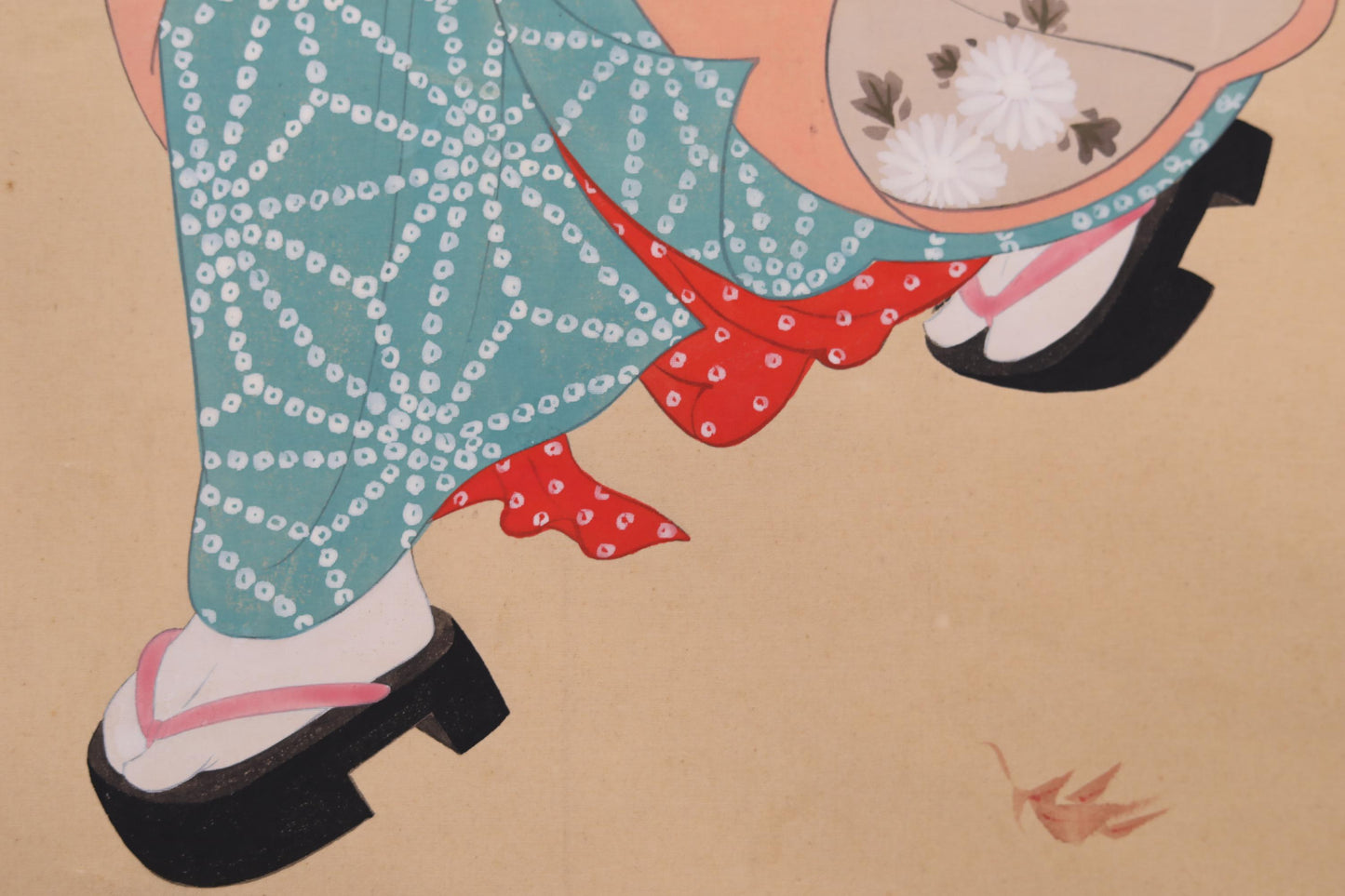 Japanese antique painting hanging scroll of water color Kimono woman with old silk, KAKEJIKU with wooden box 1800s H80.7 x W21.7in