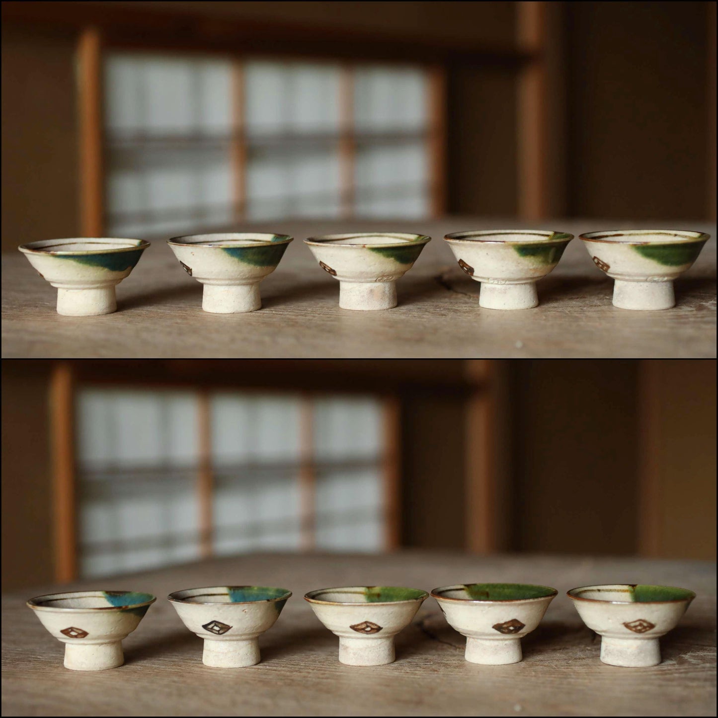Japanese vintage Oribe ware ceramic sake set with signed, 2 bottle, 5cups Tokkuri Oribe green tableware small sake cup H4.3in/H10.9cm