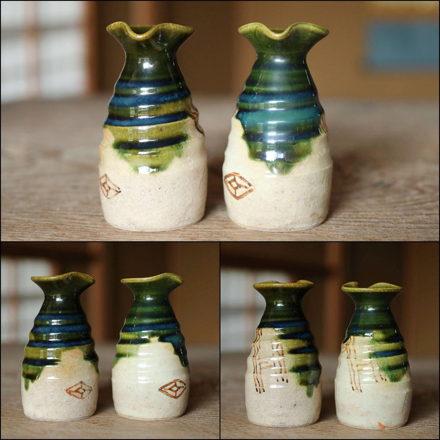 Japanese vintage Oribe ware ceramic sake set with signed, 2 bottle, 5cups Tokkuri Oribe green tableware small sake cup H4.3in/H10.9cm