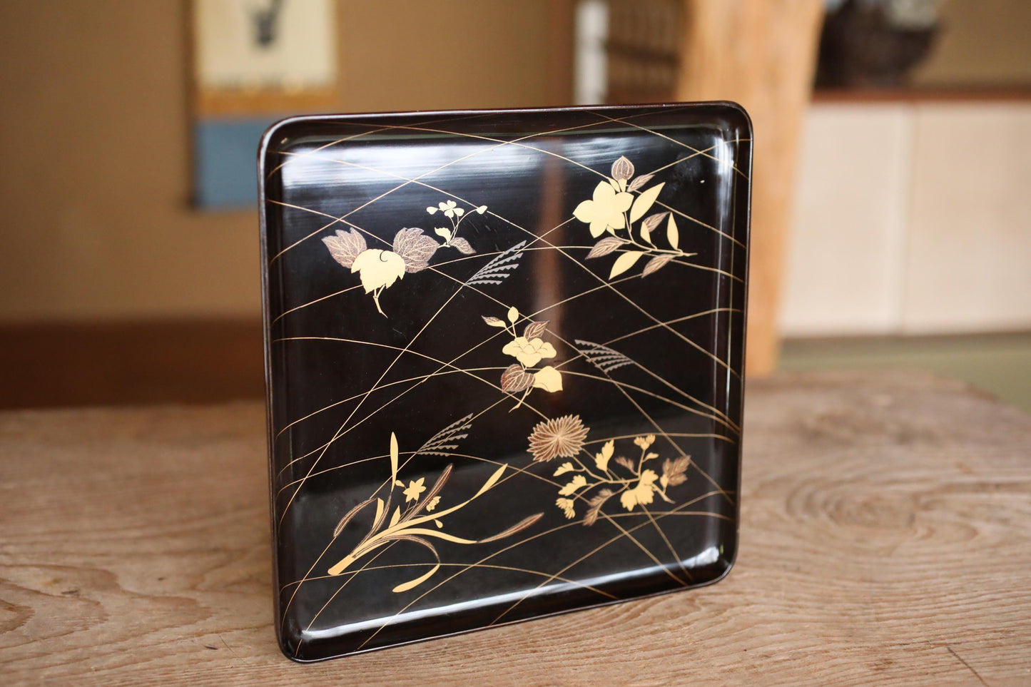 Japanese antique Urushi Lacquer wood tray with MAKIE beautiful gold flower leaves, Ozen/Obon/ with low legs Japanese furniture 10.6in/26.8cm