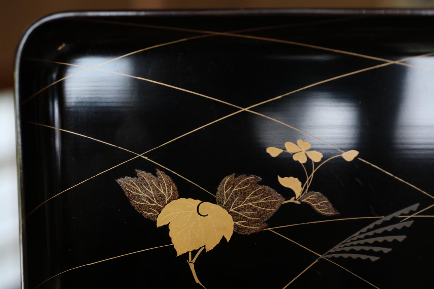Japanese antique Urushi Lacquer wood tray with MAKIE beautiful gold flower leaves, Ozen/Obon/ with low legs Japanese furniture 10.6in/26.8cm