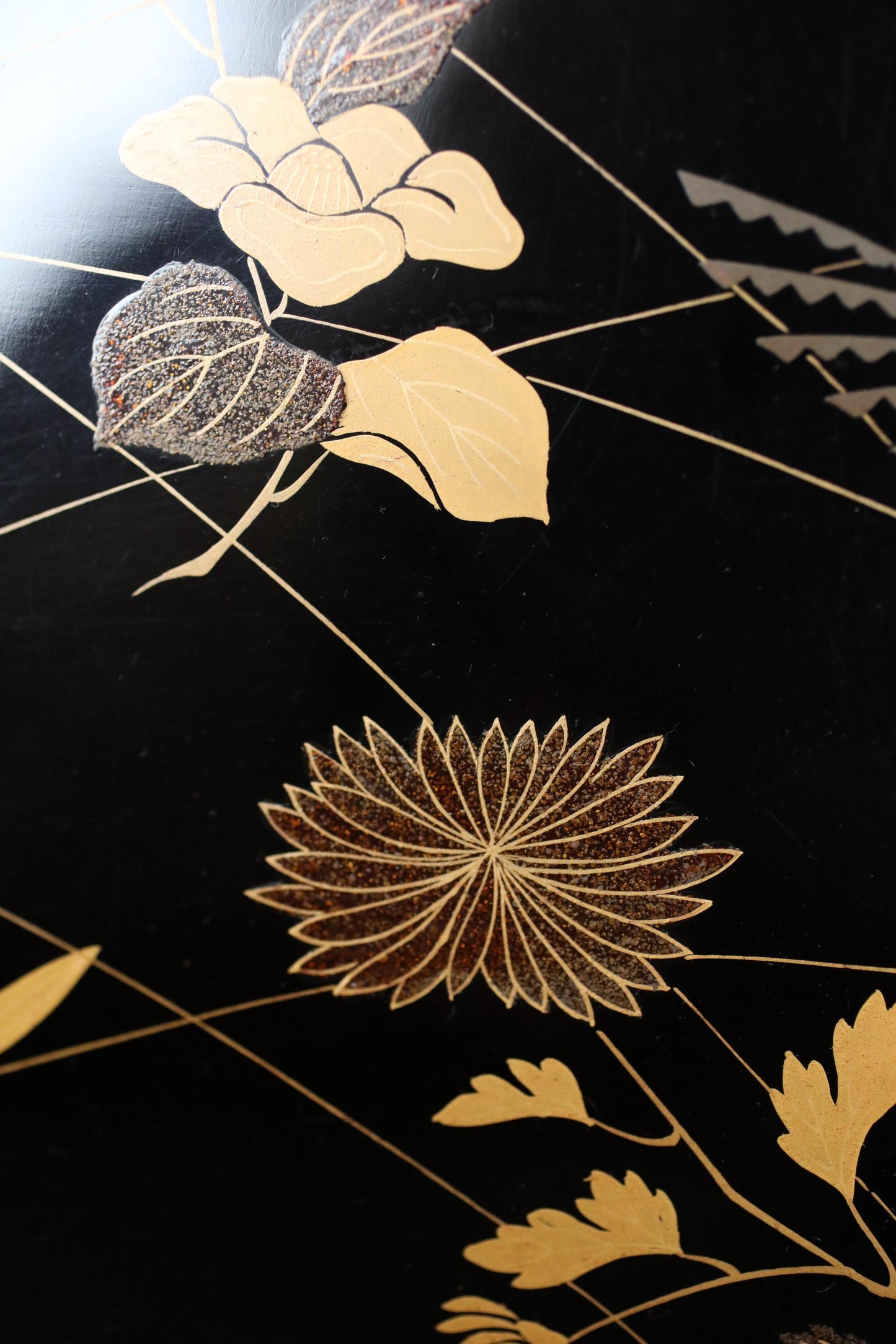 Japanese antique Urushi Lacquer wood tray with MAKIE beautiful gold flower leaves, Ozen/Obon/ with low legs Japanese furniture 10.6in/26.8cm