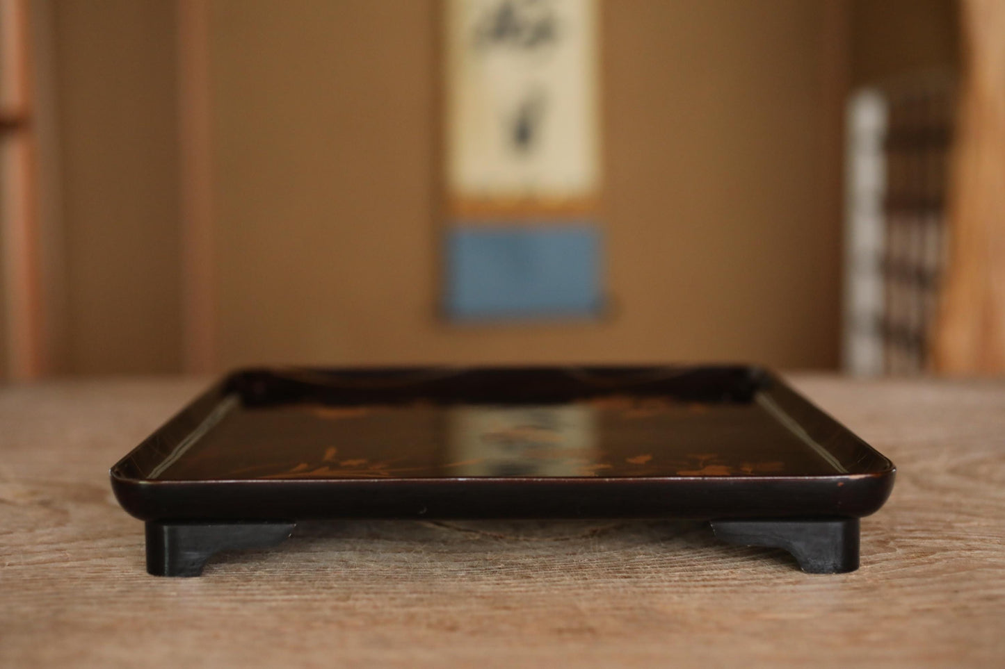Japanese antique Urushi Lacquer wood tray with MAKIE beautiful gold flower leaves, Ozen/Obon/ with low legs Japanese furniture 10.6in/26.8cm
