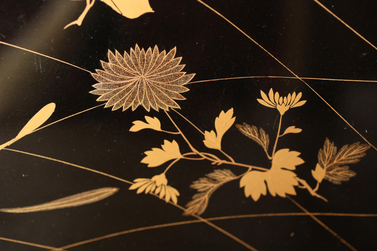 Japanese antique Urushi Lacquer wood tray with MAKIE beautiful gold flower leaves, Ozen/Obon/ with low legs Japanese furniture 10.6in/26.8cm