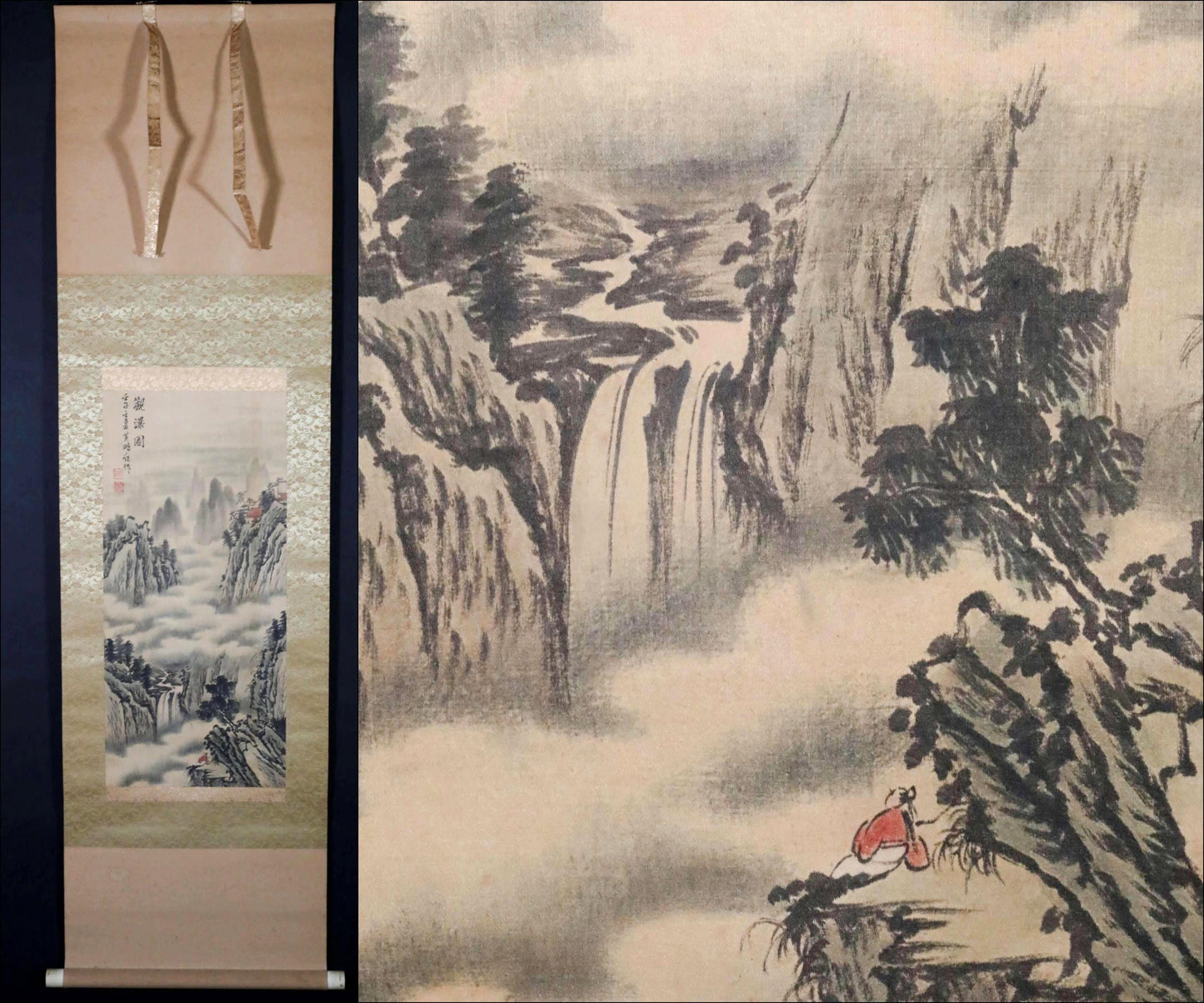 Japanese vintage India-ink painting scroll fine Landscape Mountain View Clouds, Waterfalls and Hermits Kanji sign KAKEJIKU H56.3in/H143cm
