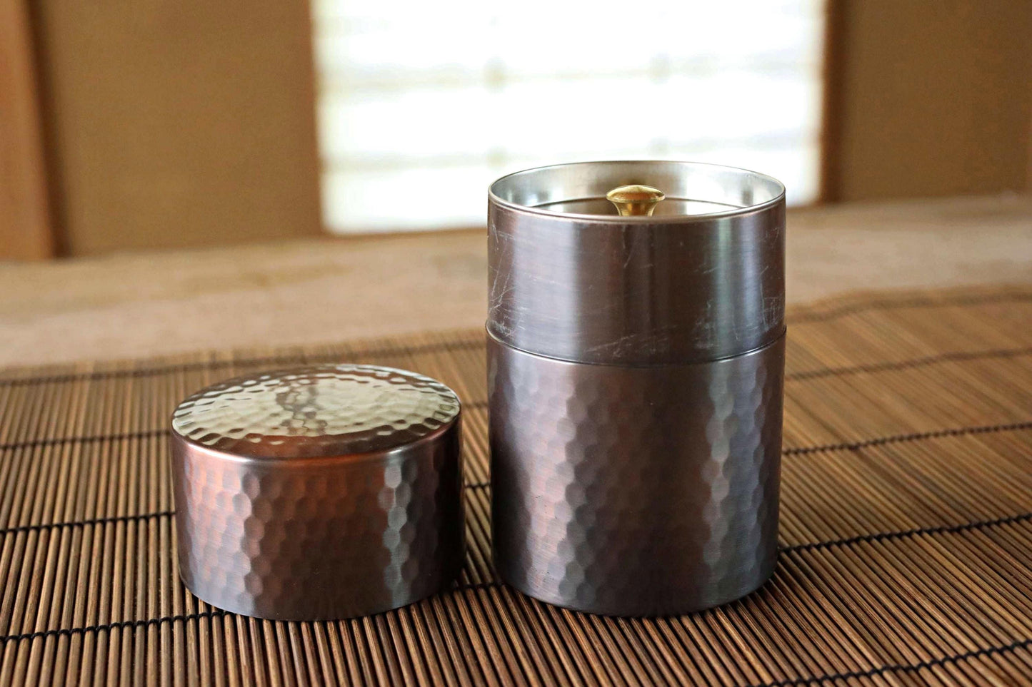 Japanese copperr tea caddy, leaf canister with double lids, hand hammered , metal handcraft H4.1×2.8in/H10.4×7.1cm