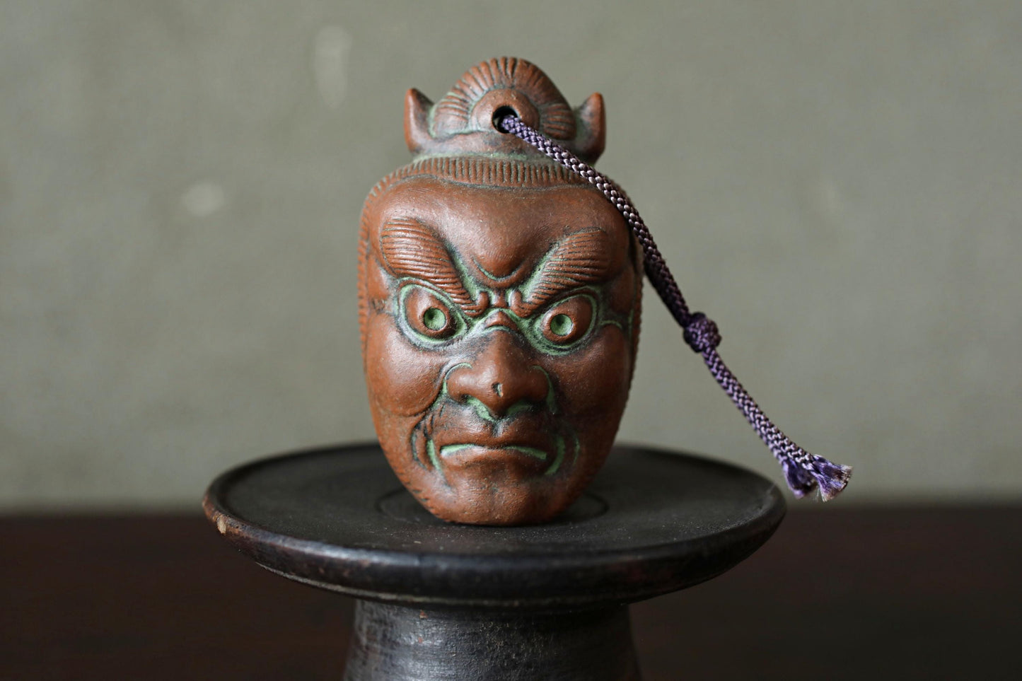 Japanese small pottery bell ONI demon doll talisman ornament Paper weight, Christmas Ornaments Japanese vintage small bell H3.5in/H9cm
