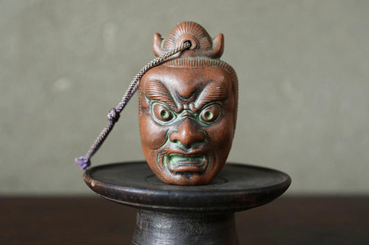 Japanese small pottery bell ONI demon doll talisman ornament Paper weight, Christmas Ornaments Japanese vintage small bell H3.5in/H9cm