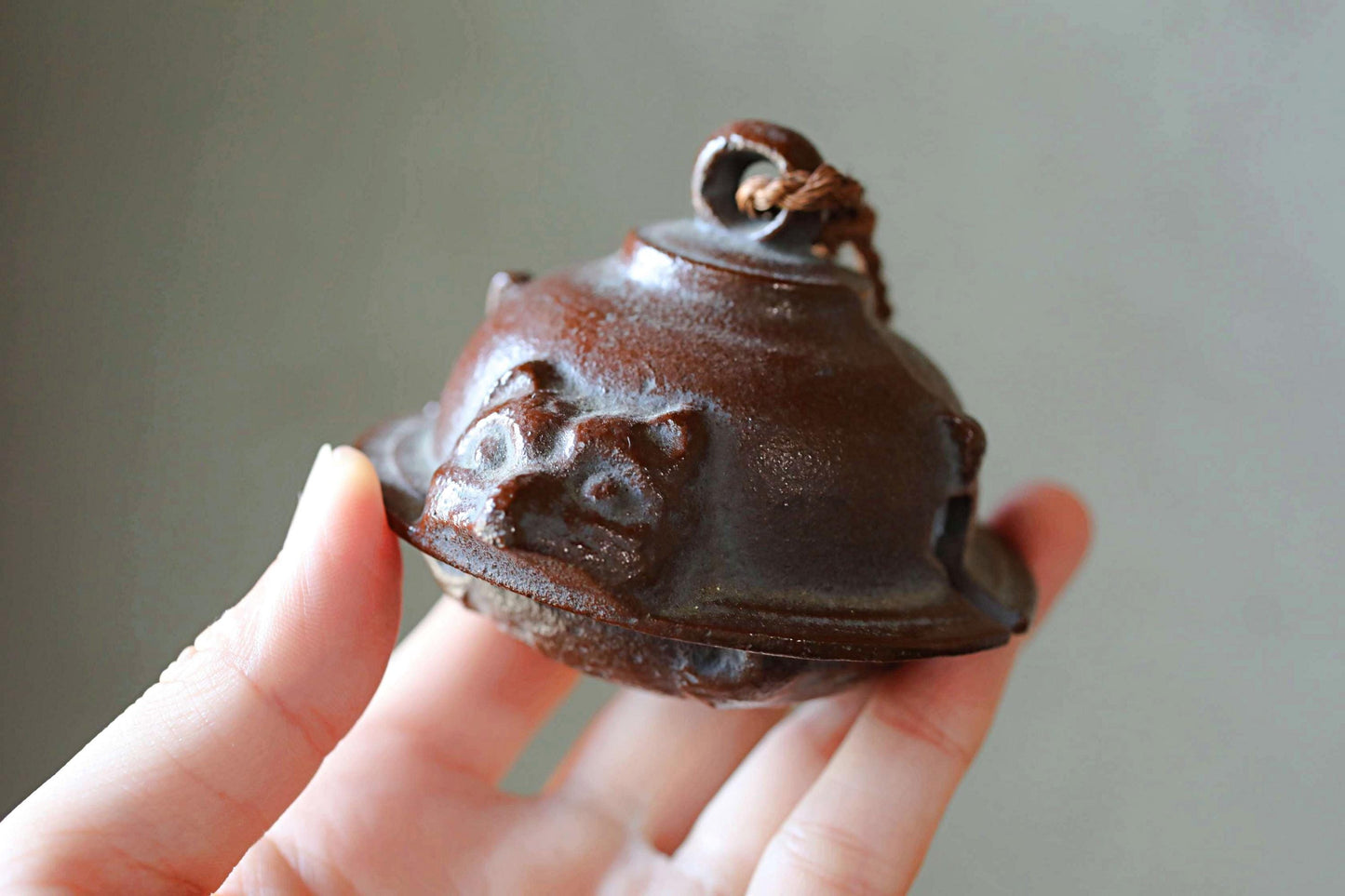 Japanese vintage metal bell Teapot fused with a racoon dog doll ornament Paper weight, Japanese ornament small bell H2.4×3.2in/H6×8.2cm
