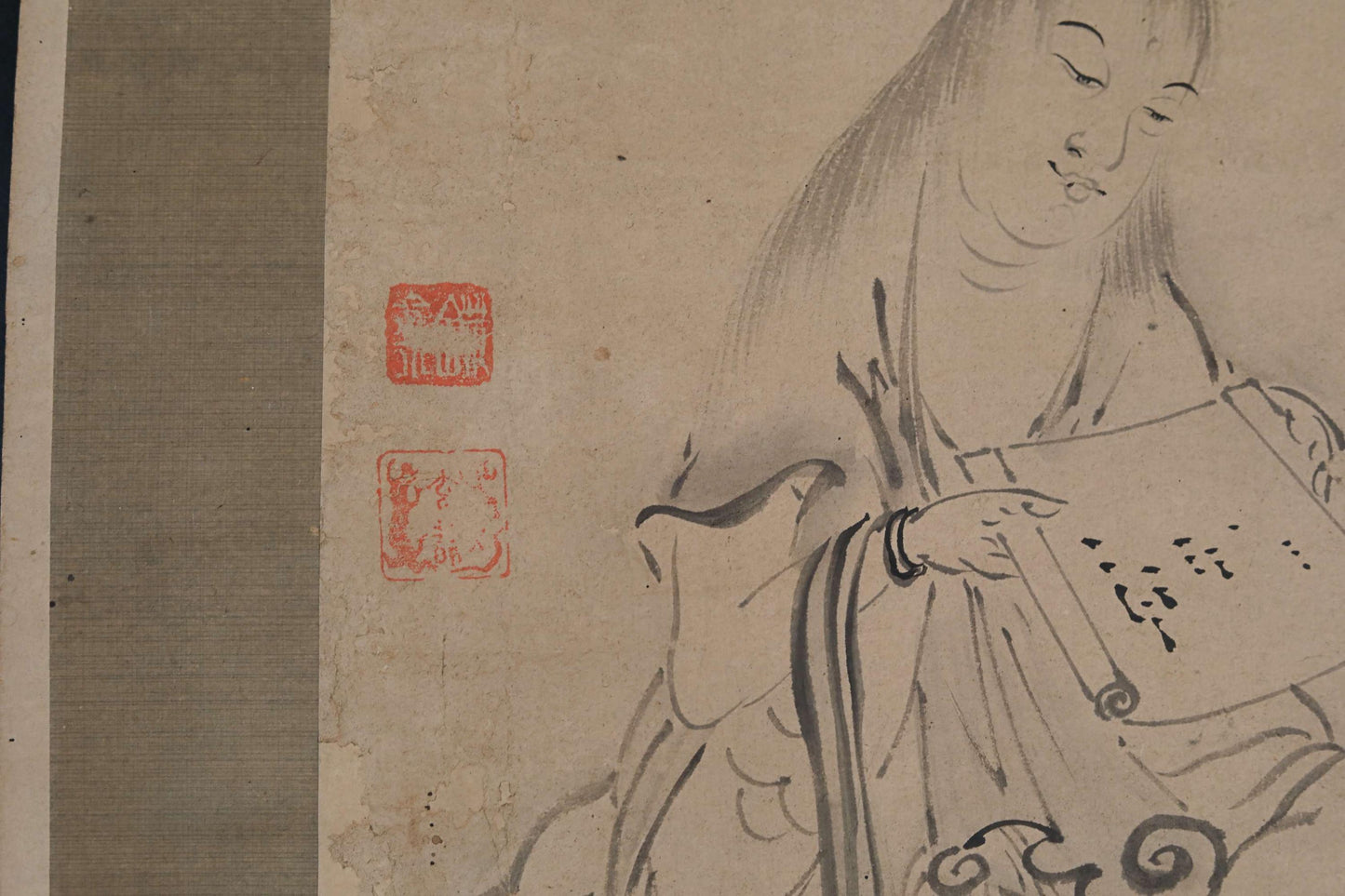 Japanese vintage painting scroll Bodhisattva Samantabhadra with an elephant ,Beautiful ink painting scroll Kakejiku 1800s H80.7in/205cm