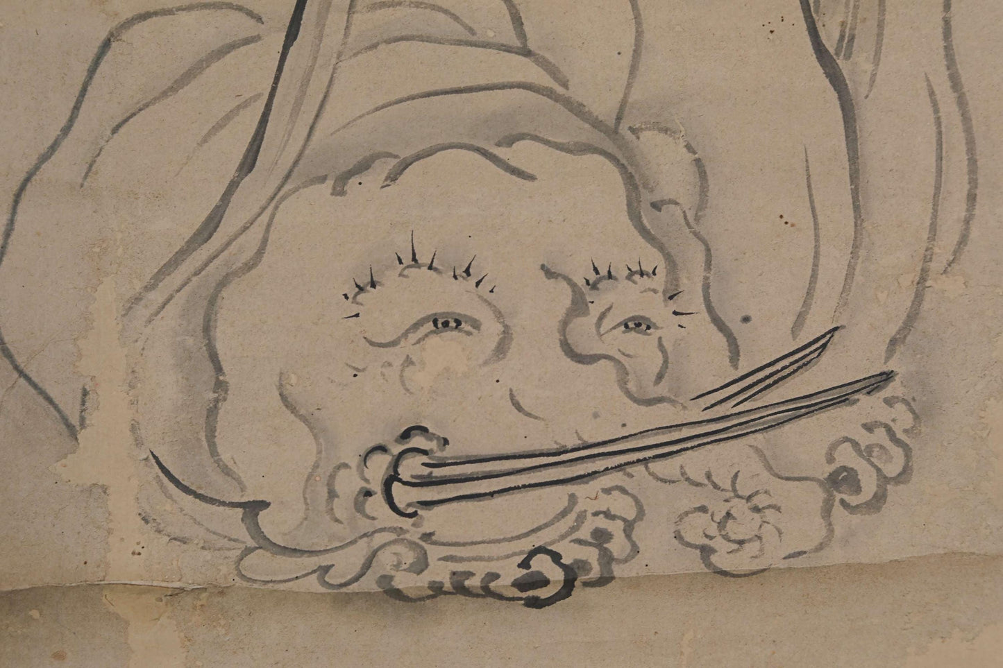 Japanese vintage painting scroll Bodhisattva Samantabhadra with an elephant ,Beautiful ink painting scroll Kakejiku 1800s H80.7in/205cm