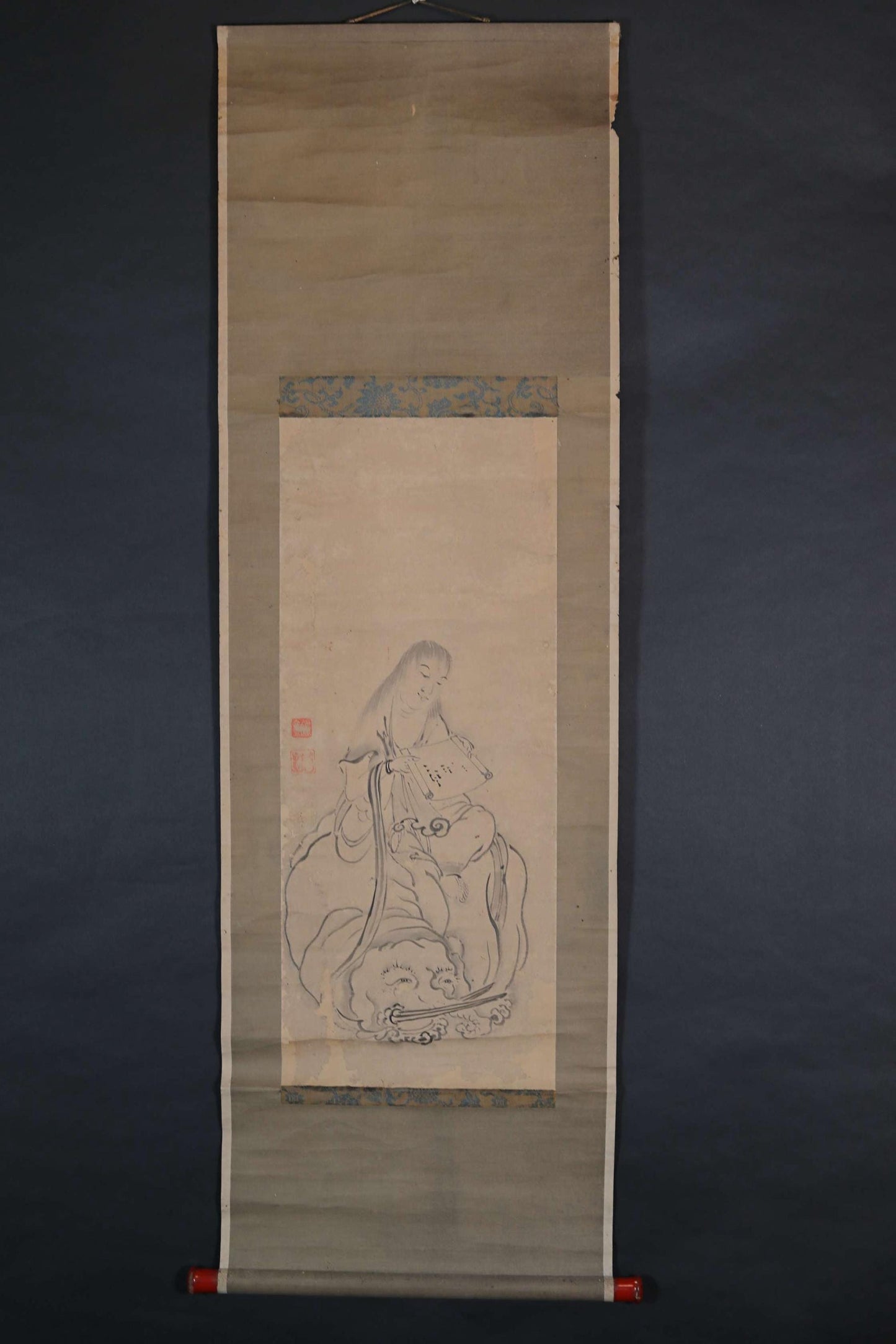 Japanese vintage painting scroll Bodhisattva Samantabhadra with an elephant ,Beautiful ink painting scroll Kakejiku 1800s H80.7in/205cm