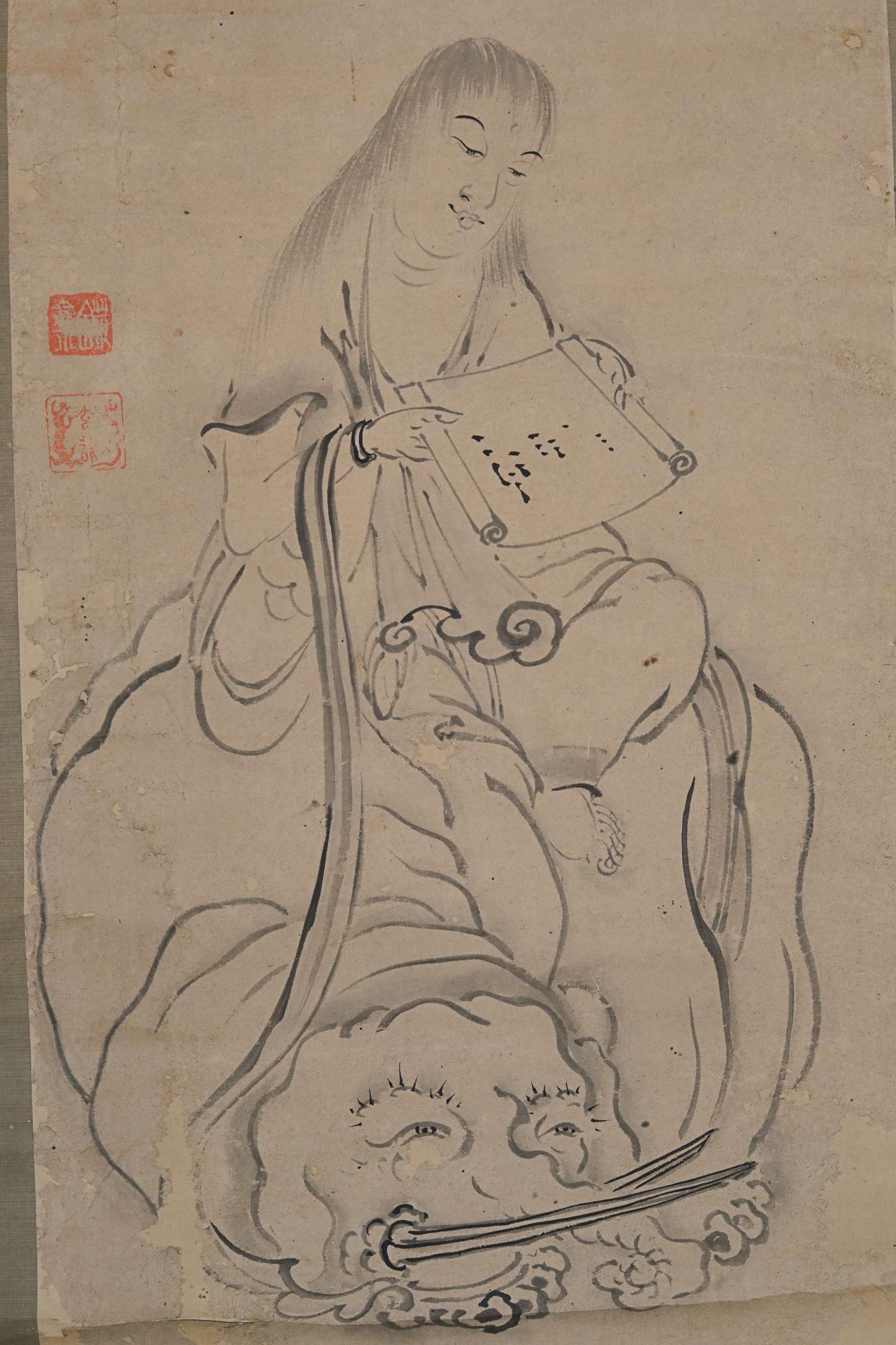 Japanese vintage painting scroll Bodhisattva Samantabhadra with an elephant ,Beautiful ink painting scroll Kakejiku 1800s H80.7in/205cm