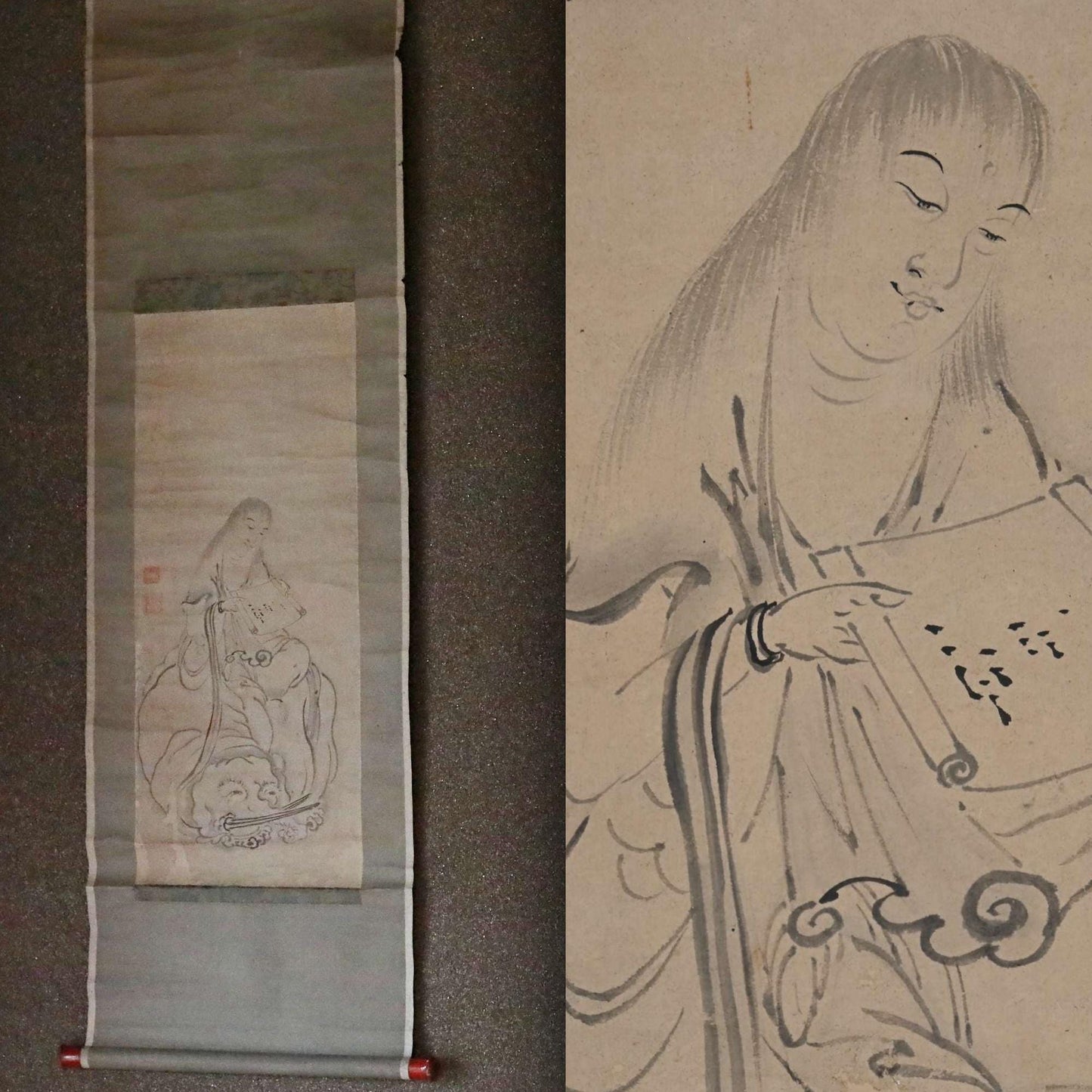 Japanese vintage painting scroll Bodhisattva Samantabhadra with an elephant ,Beautiful ink painting scroll Kakejiku 1800s H80.7in/205cm