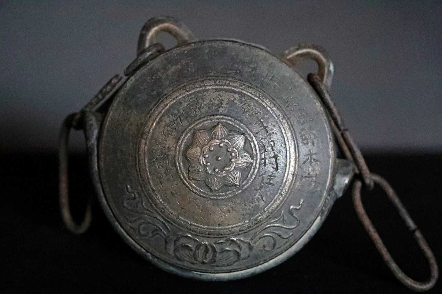 Japanese antique 1700s EDO "wanikuchi" bronze temple gong, buddhist altar with lotus Kanji signature lost wax craft W6.5in/W16.5cm
