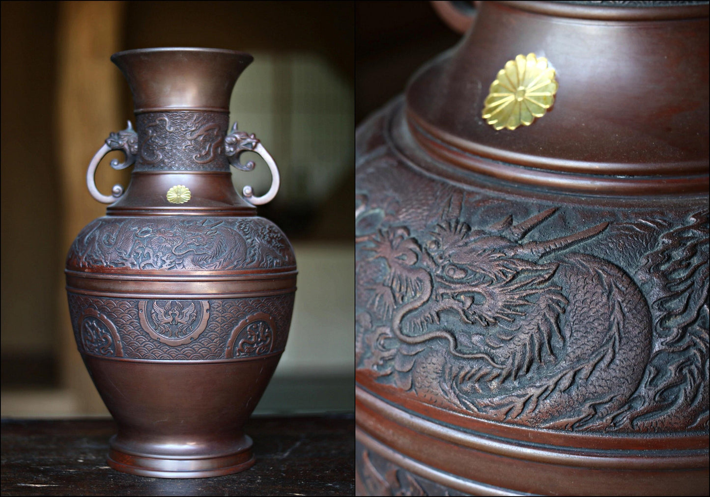 Japanese vintage 1950s bronze vase with relieves of dragons and phoenix, lions handle, Takaoka bronze,Kanji signature H15.4xW7.9in/H39×20cm