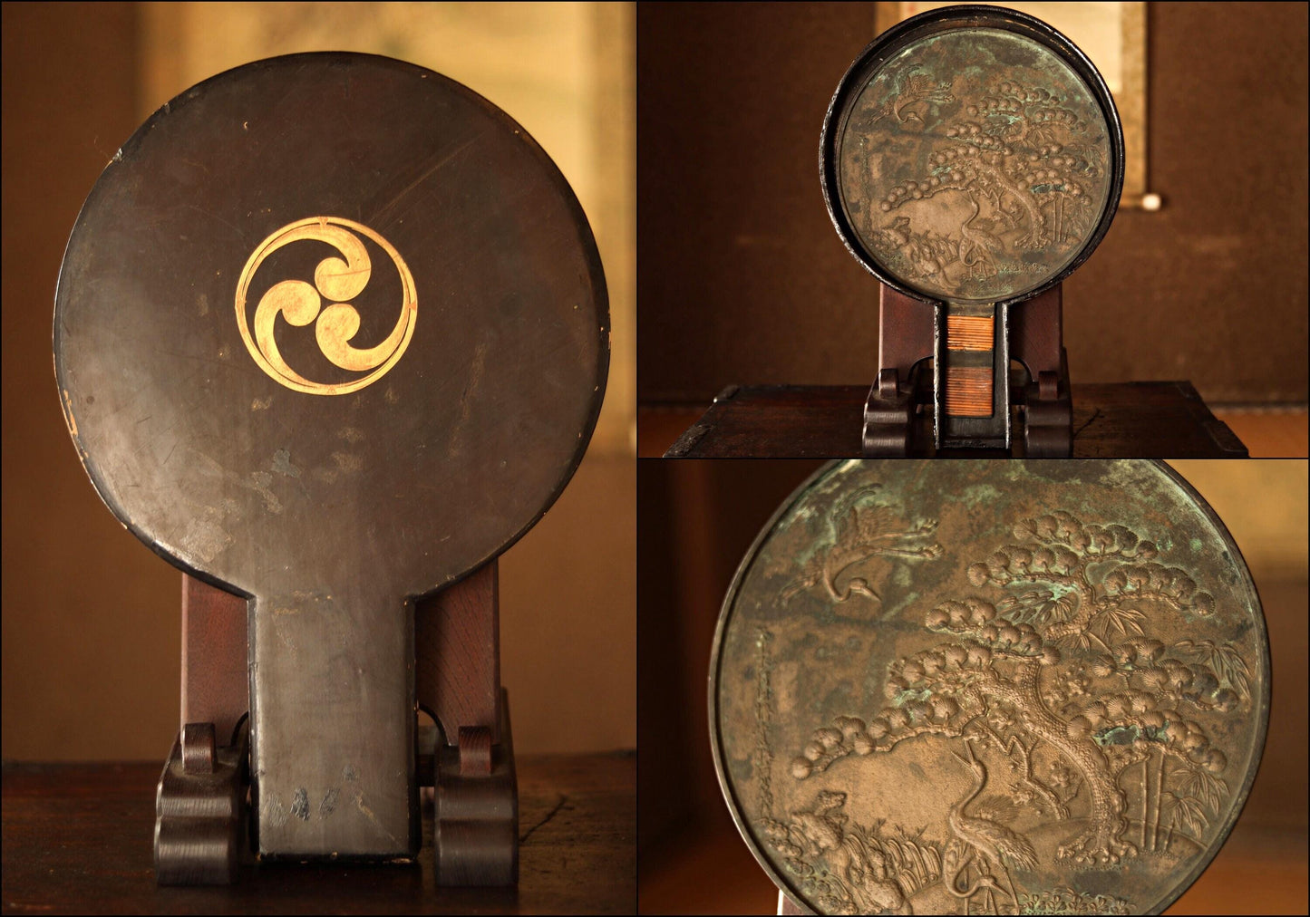Japanese antique bronze mirror Kagami with relief of cranes pine with wooden case traditional Japan Geisha accessory SAMURAI1800sH13.2×9.3in
